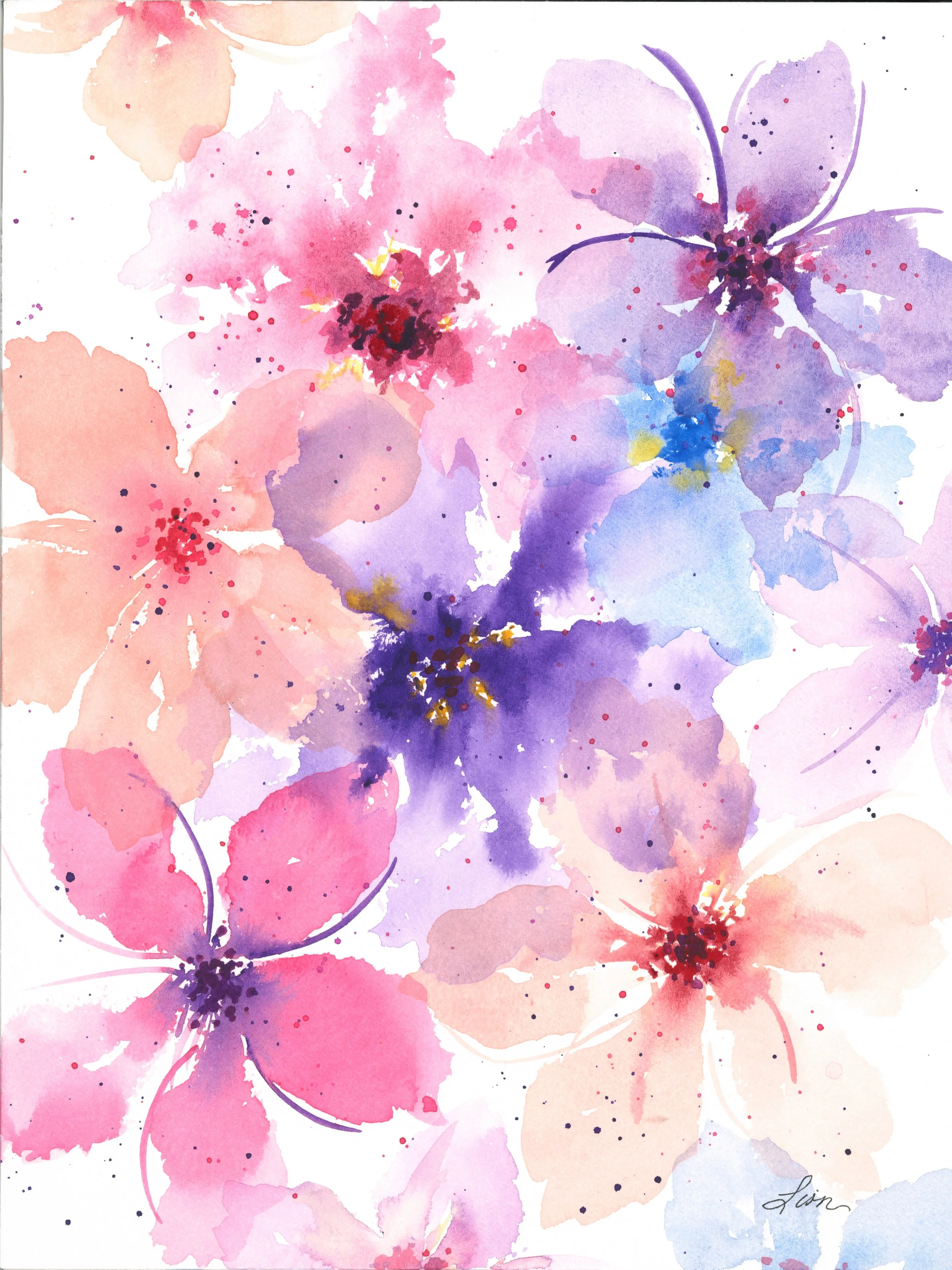 Large abstract flowers in purple, blue, peach, and pink against a white background. 