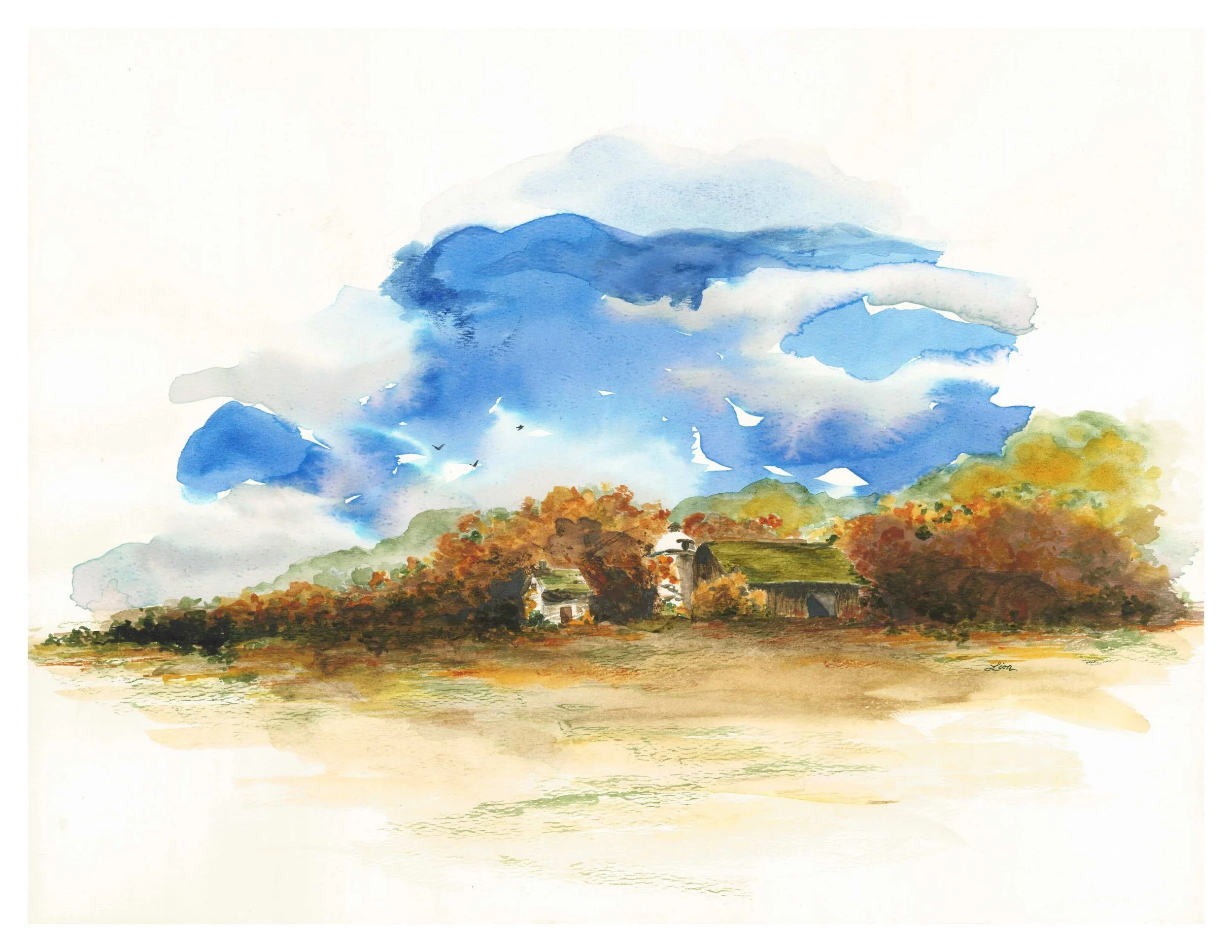 A barn, silo, and house are surrounded by overgrown trees and shrubs in orange, brown, and green. There are green hills in the background with a blue sky and puffy white clouds.