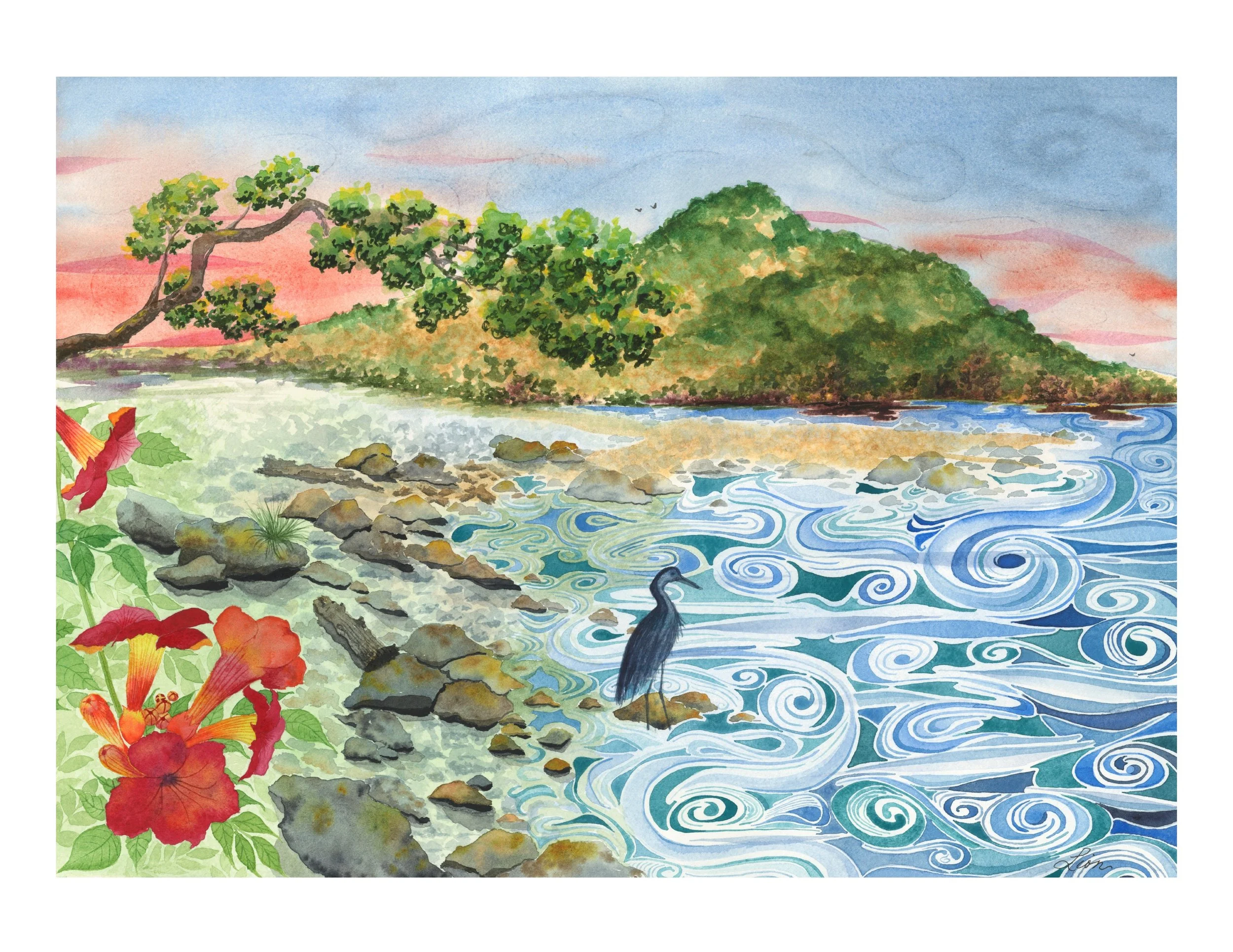 A landscape scene with a heron at the edge of a lake with swirling waves. There are logs and rocks along the shore, with red trumpet vines blooming in the foreground. The sky is pink, red, and blue after the sun sets. 