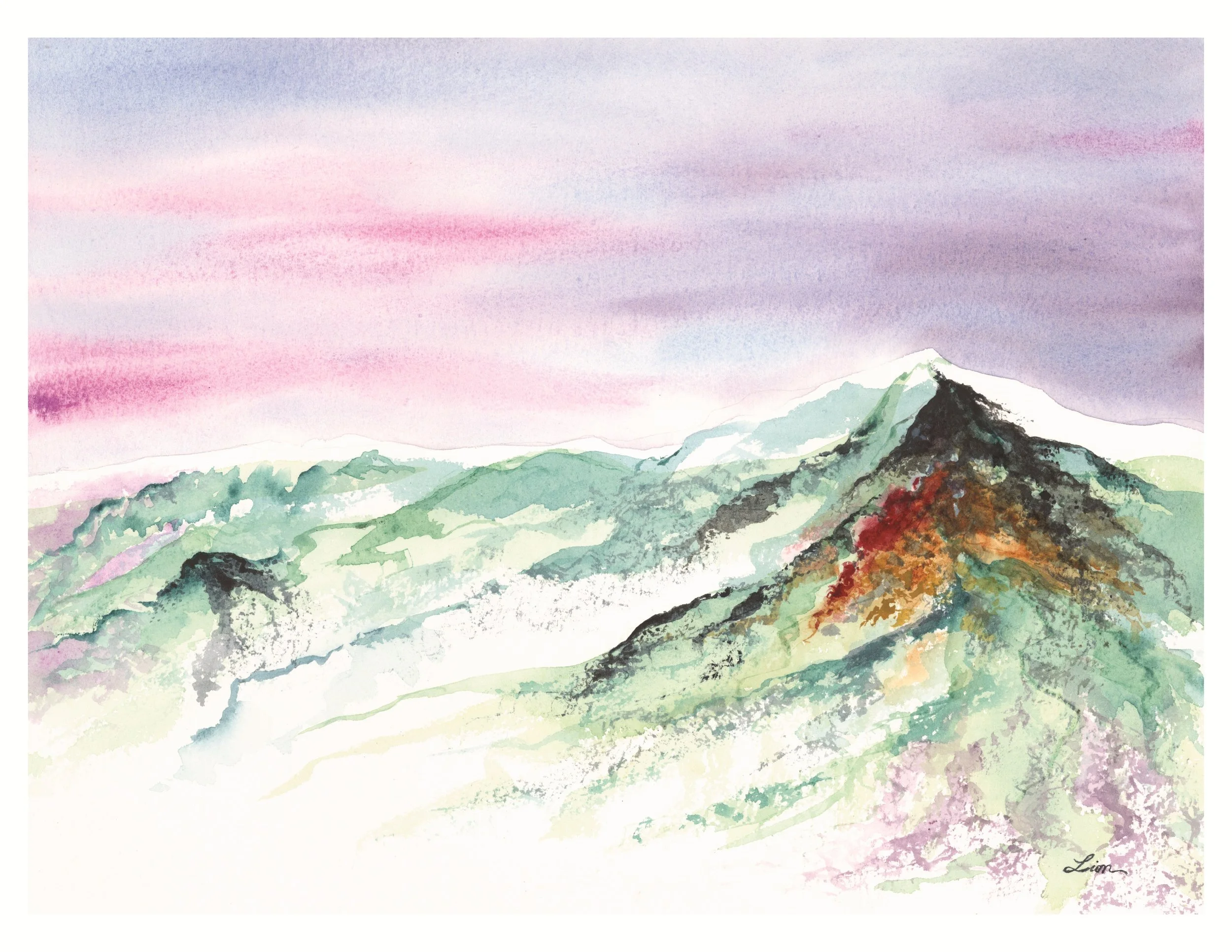A tall, snow covered mountain in green and umber with black rocks under a purple, pink, and blue sky.