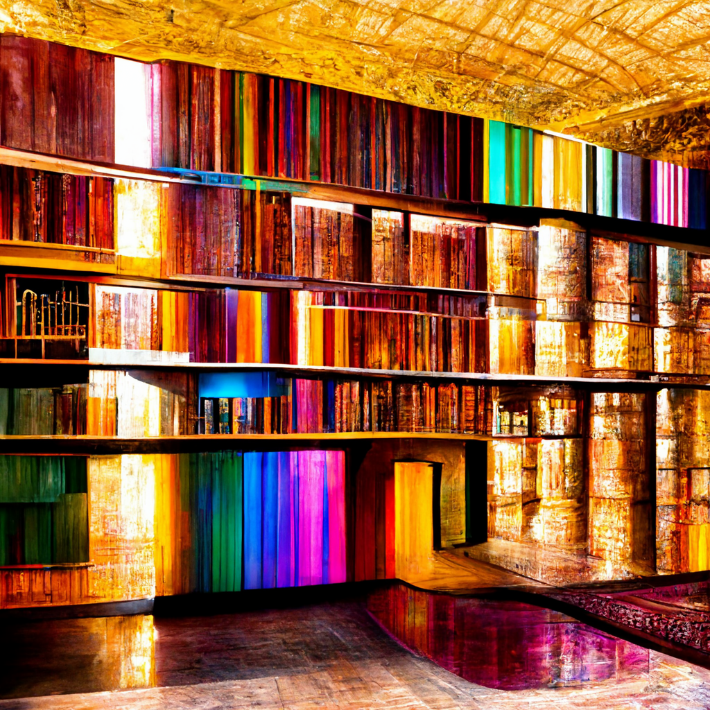 Big old library with natural lighting, 16 million rare and beautiful colors stored on the shelvesL.png