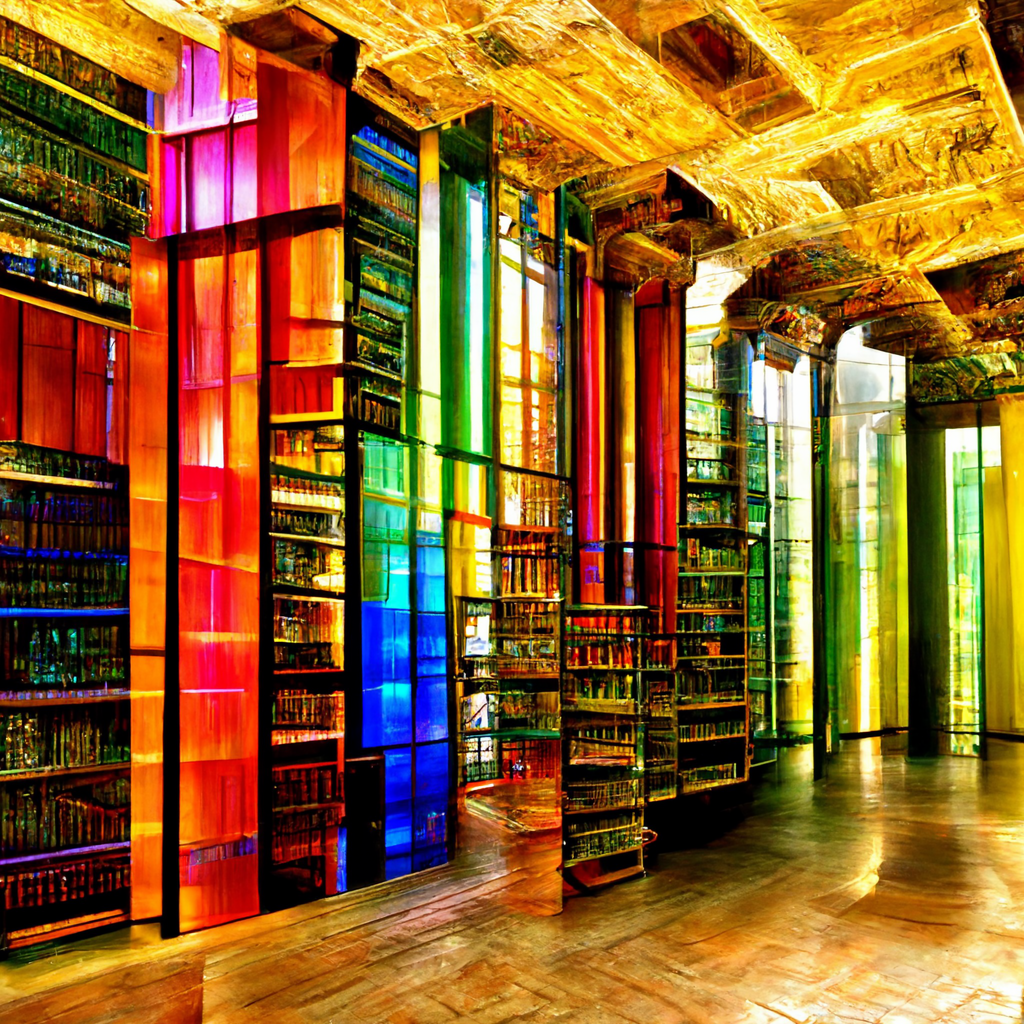Big old library with natural lighting, 16 million rare and beautiful colors stored on the shelvesL3.png