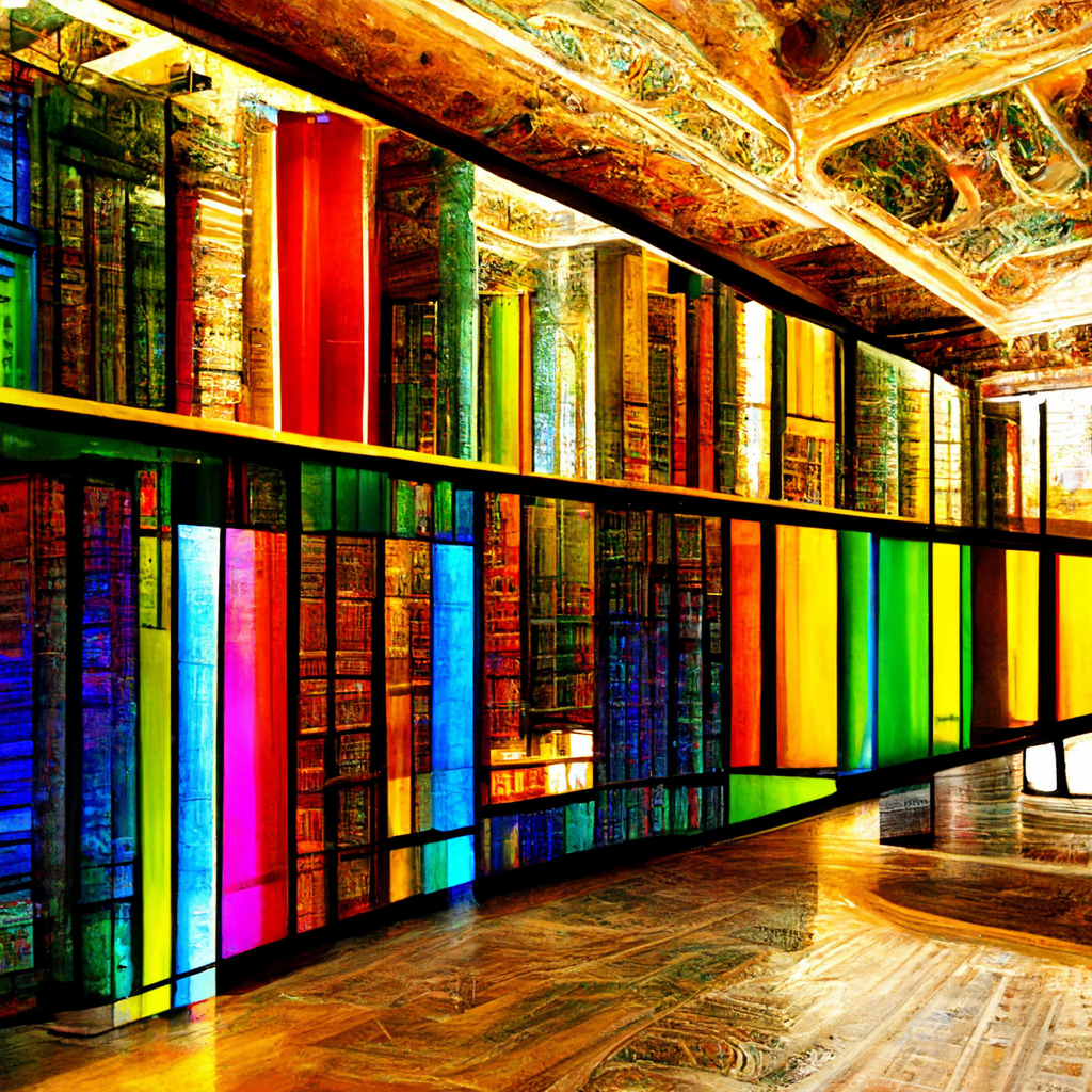 Big old library with natural lighting, 16 million rare and beautiful colors stored on the shelvesL4.png