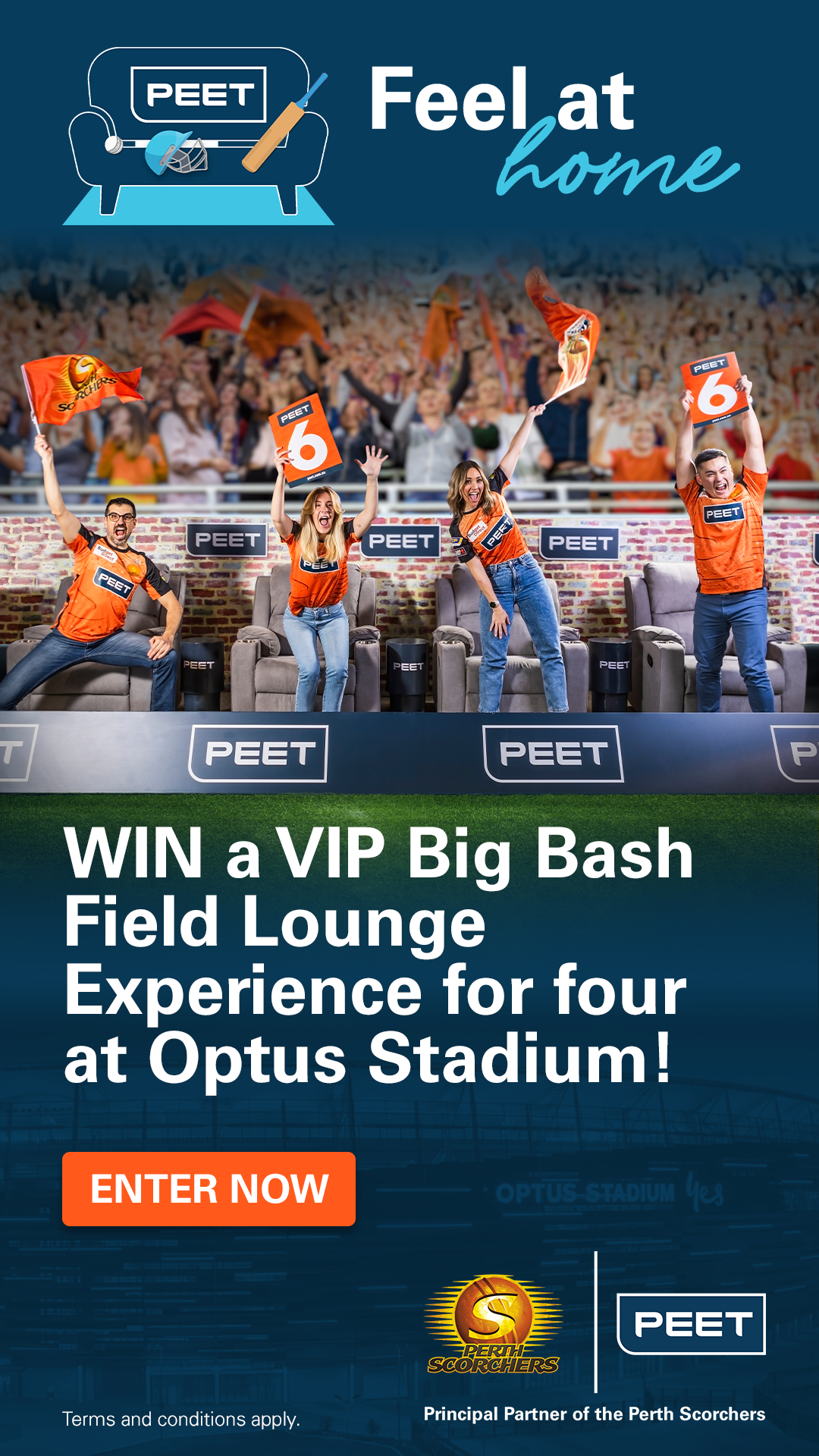 Fans posing with Peet branded signs for a Perth Scorchers activation