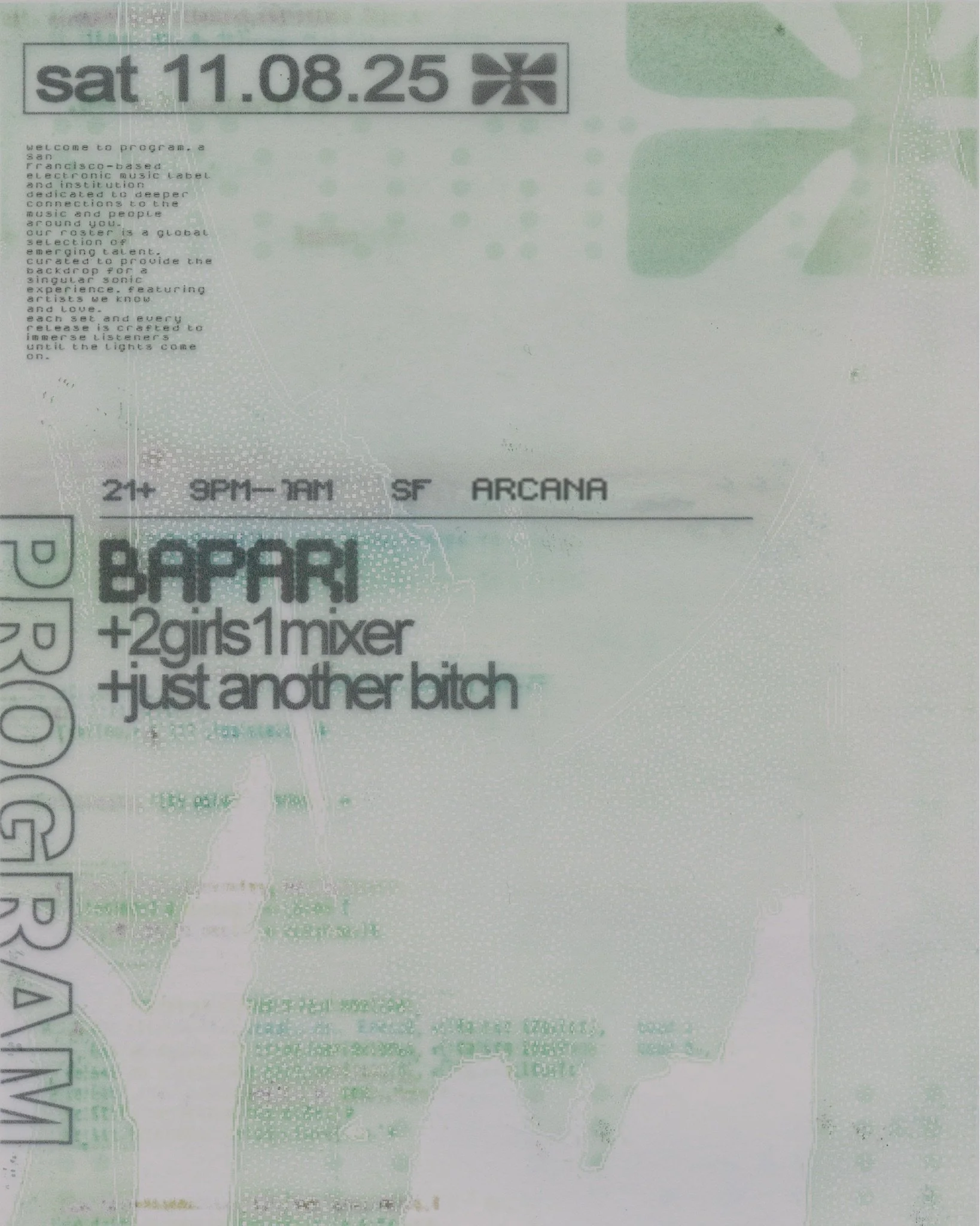 PROGRAM: Bapari + Just Another Bitch + 2girls1mixer (erika (SF) b2b moth (US)