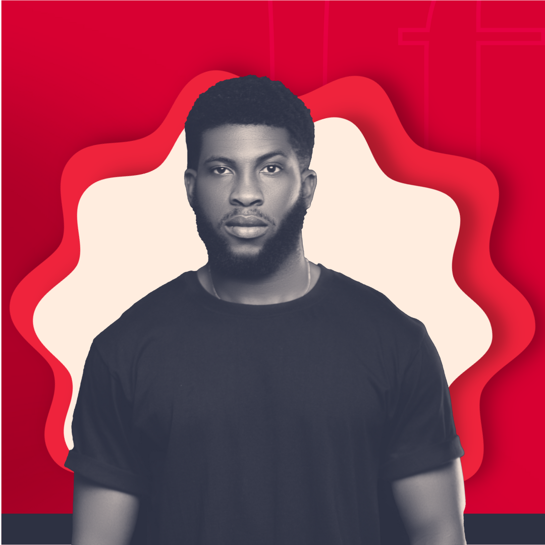 A black-and-white portrait of a young man with short curly hair and a beard, wearing a black t-shirt, against a red and white abstract background.