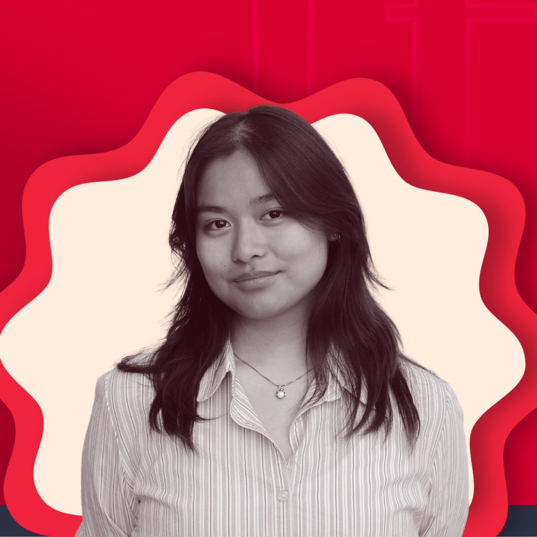 A woman with straight hair smiling, wearing a stripped top and necklace, against a background with red and white wavy shapes.