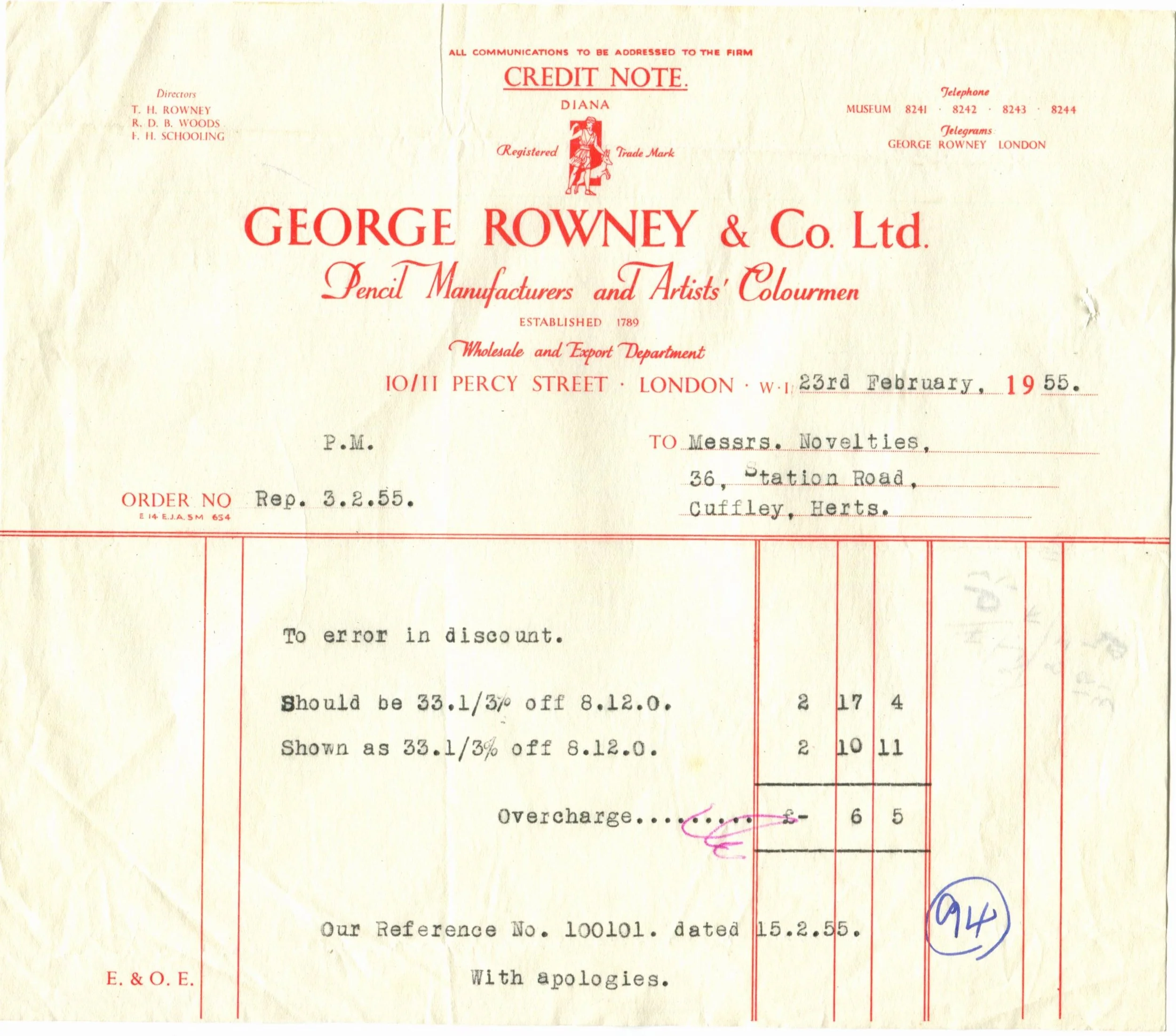 Rowney credit note February 1955