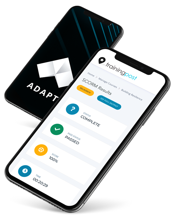 Smartphone displaying a training completion report on a mobile app with a logo and a black device in the background.