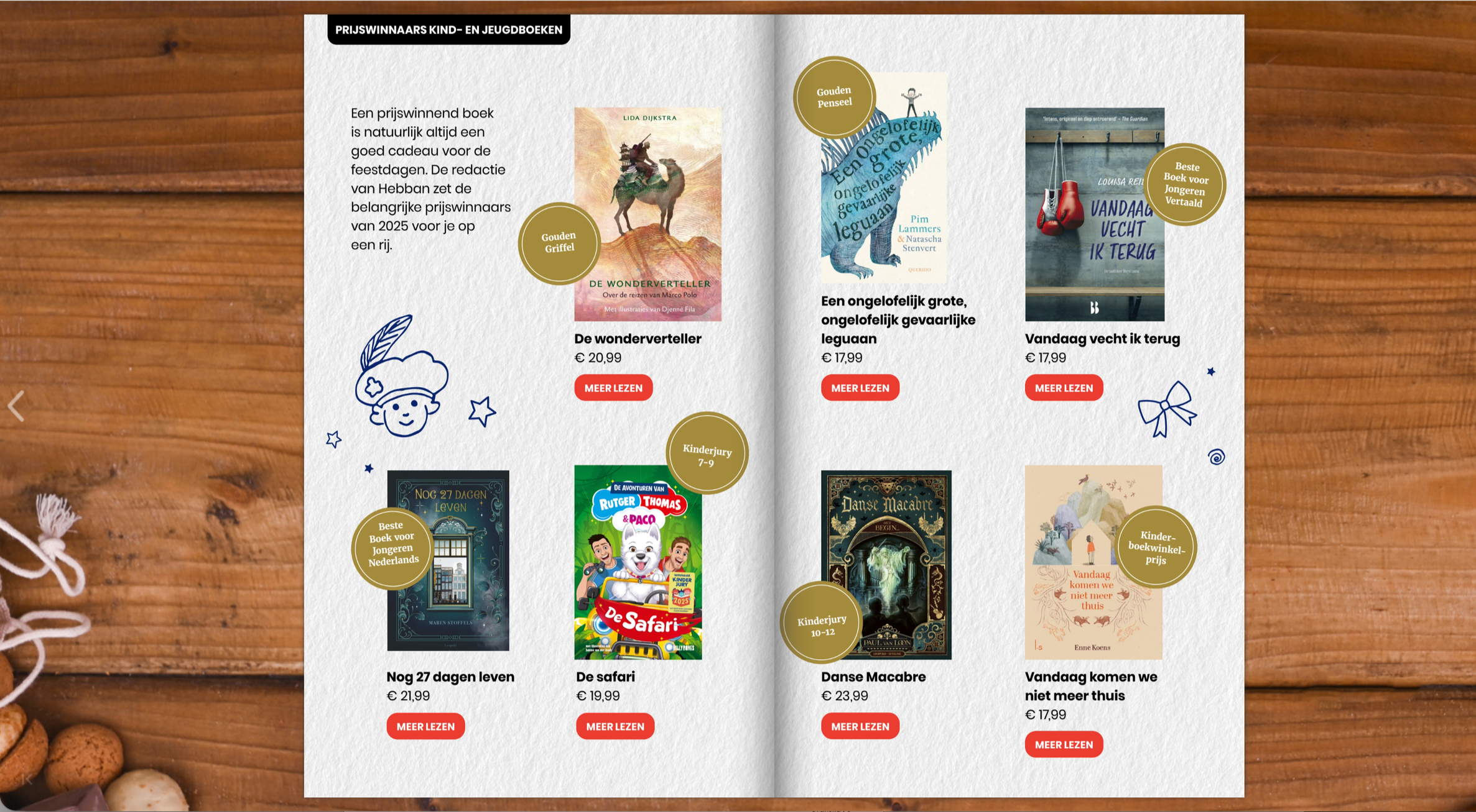 Hebban Cadeaugids Sinterklaas Geef meer met een boek. Pagina met verschillende boeken. Ontwerp Grafiska 