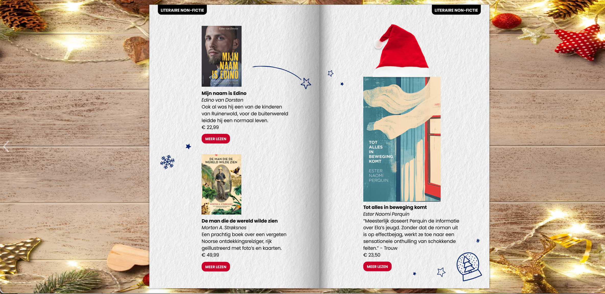 Hebban Cadeaugids Kerst Geef meer met een boek. Pagina met verschillende boeken. Ontwerp Grafiska 