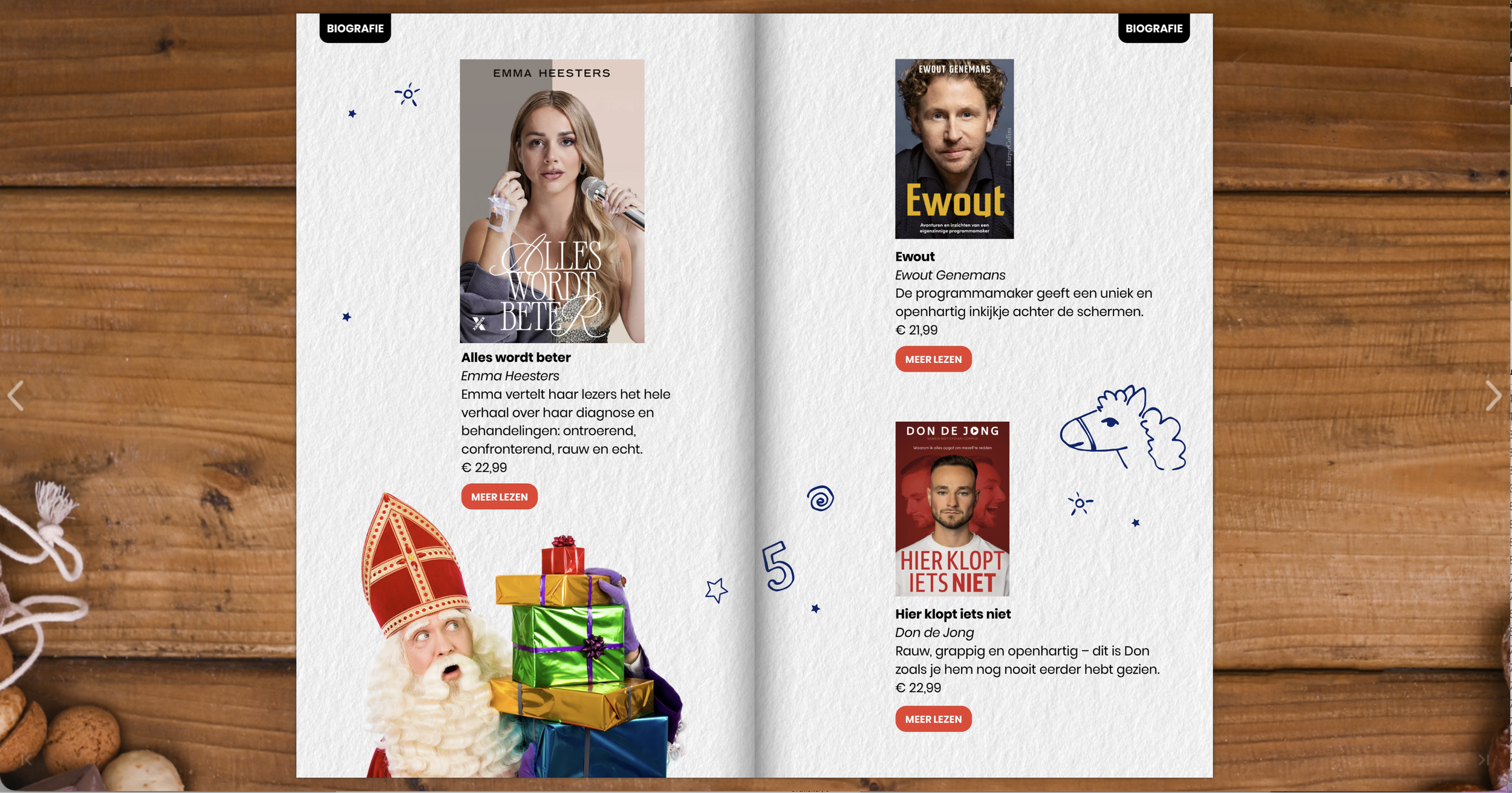 Hebban Cadeaugids Sinterklaas Geef meer met een boek. Pagina met verschillende boeken. Ontwerp Grafiska 