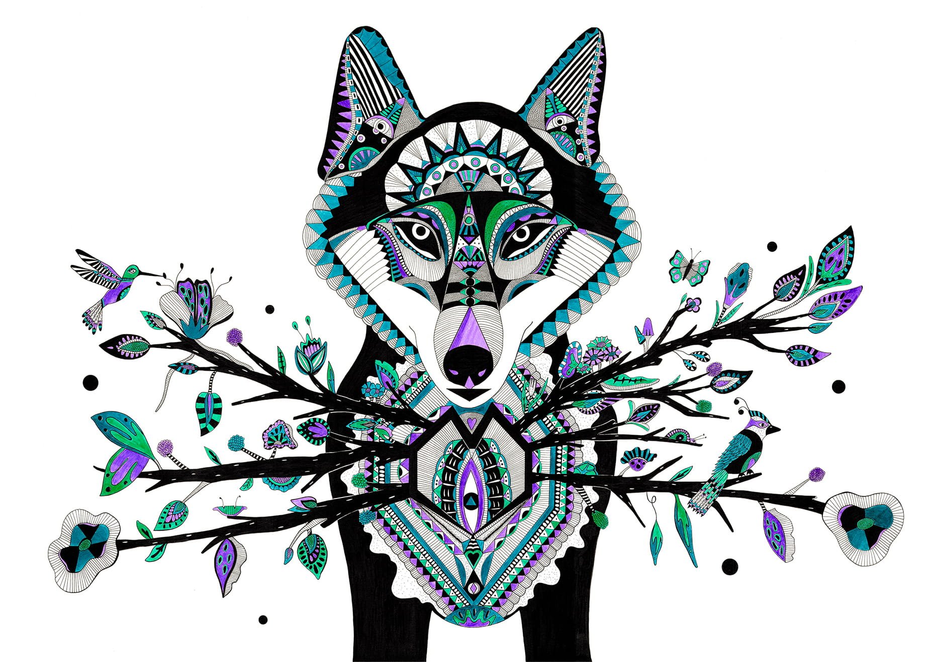 A stylized, intricate illustration of a wolf's face with geometric patterns in blue, purple, green, and black, complemented by floral and butterfly motifs, set against a white background.