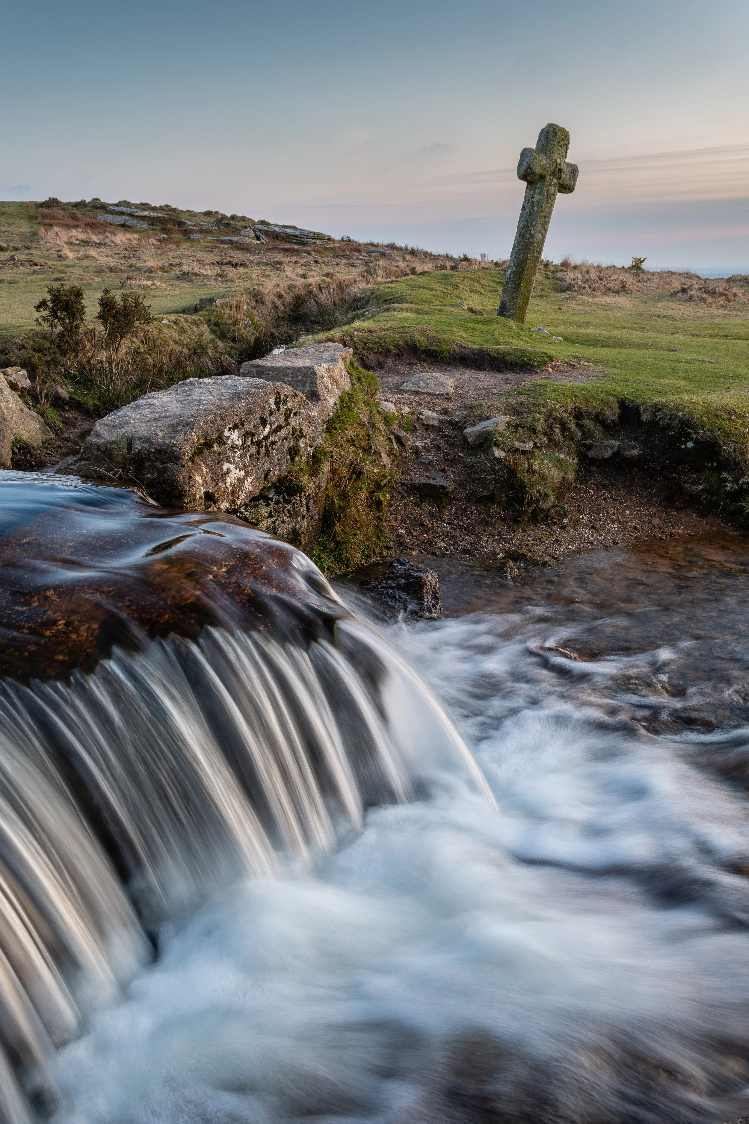 Fast flowing water at Windy Post Cross, Dartmoor National Park