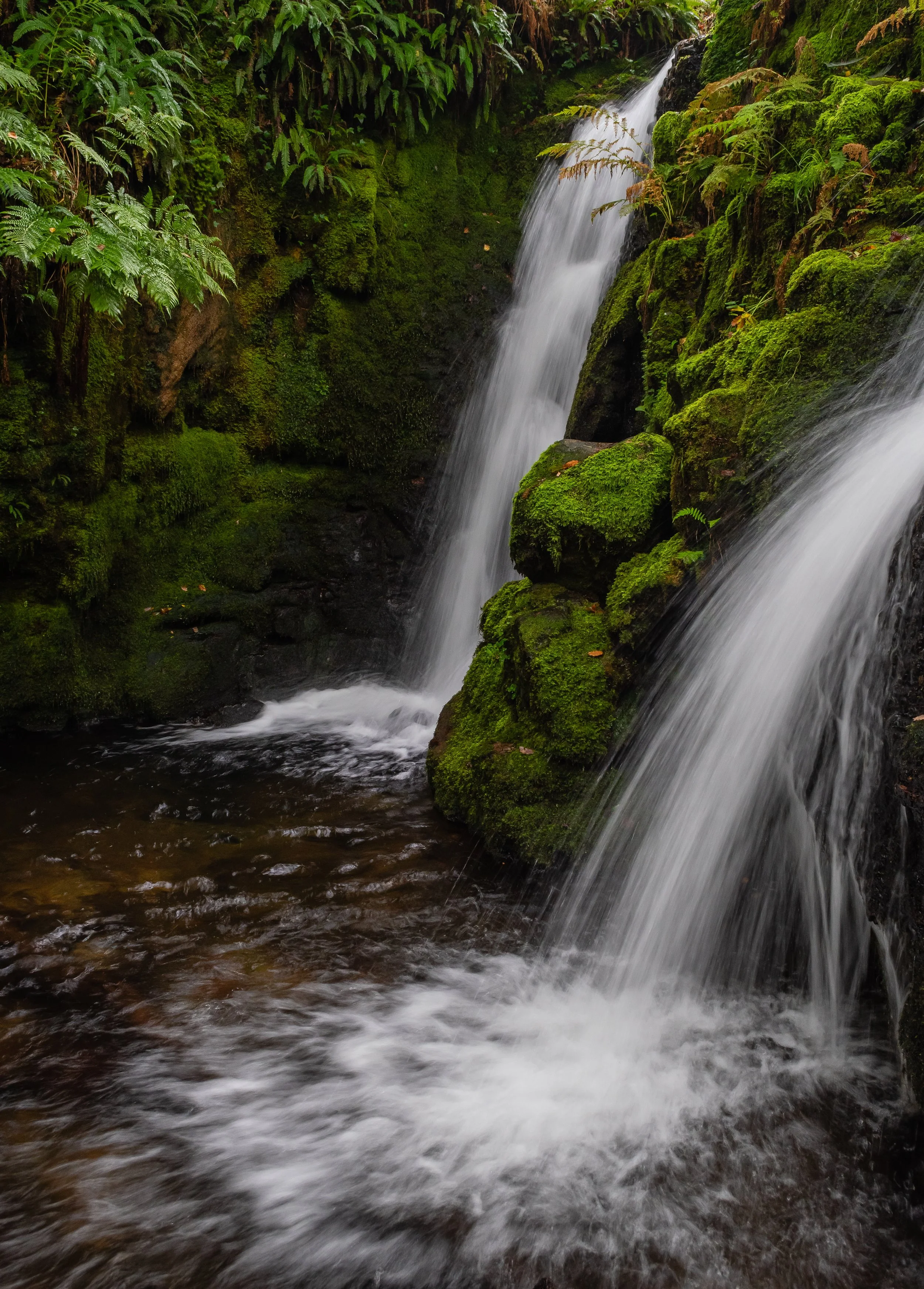 Double waterfall at Venford Falls, Dartmoor National Park.