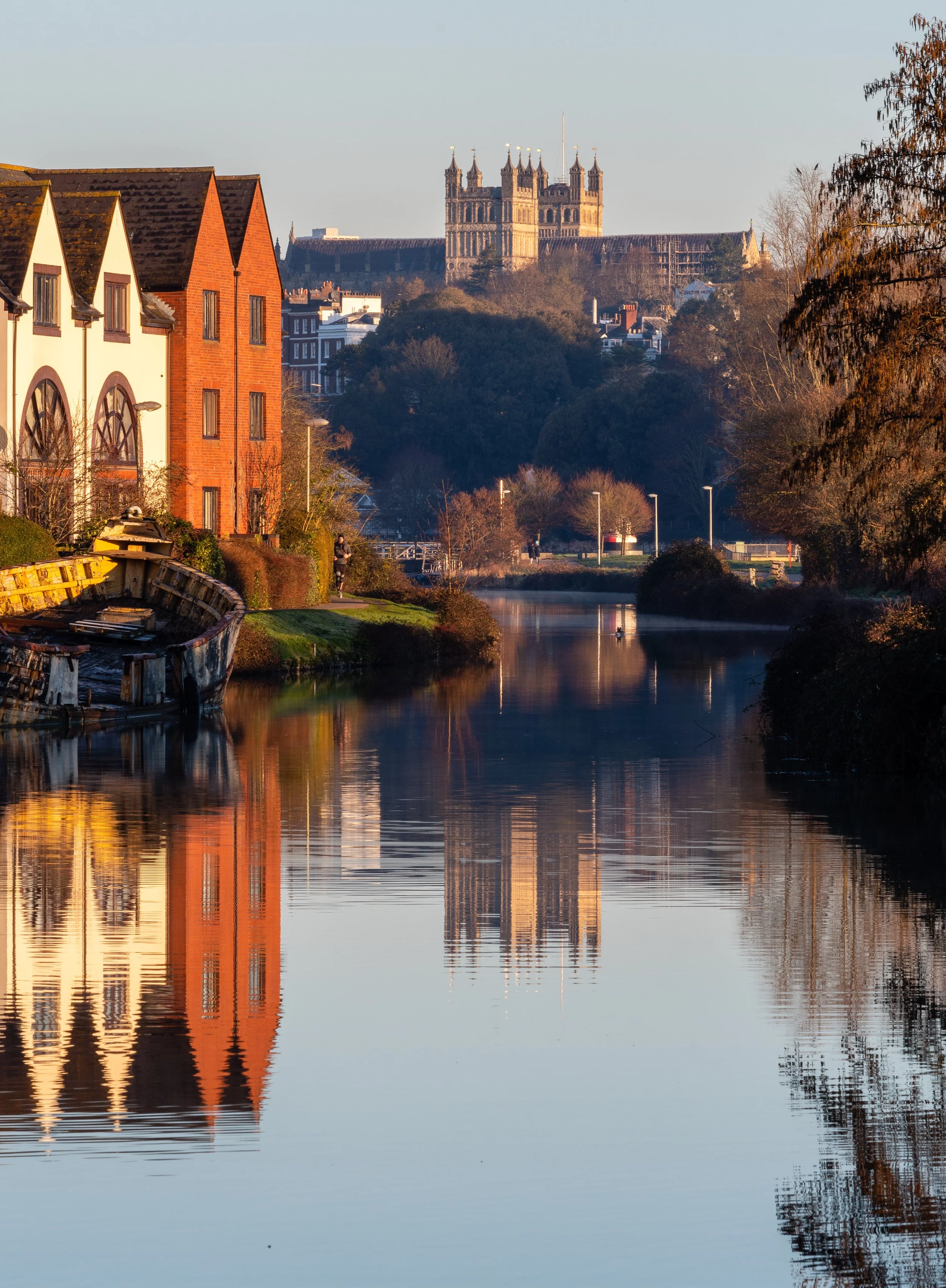Exeter Cathedral reflection viewed from the canal, Devon