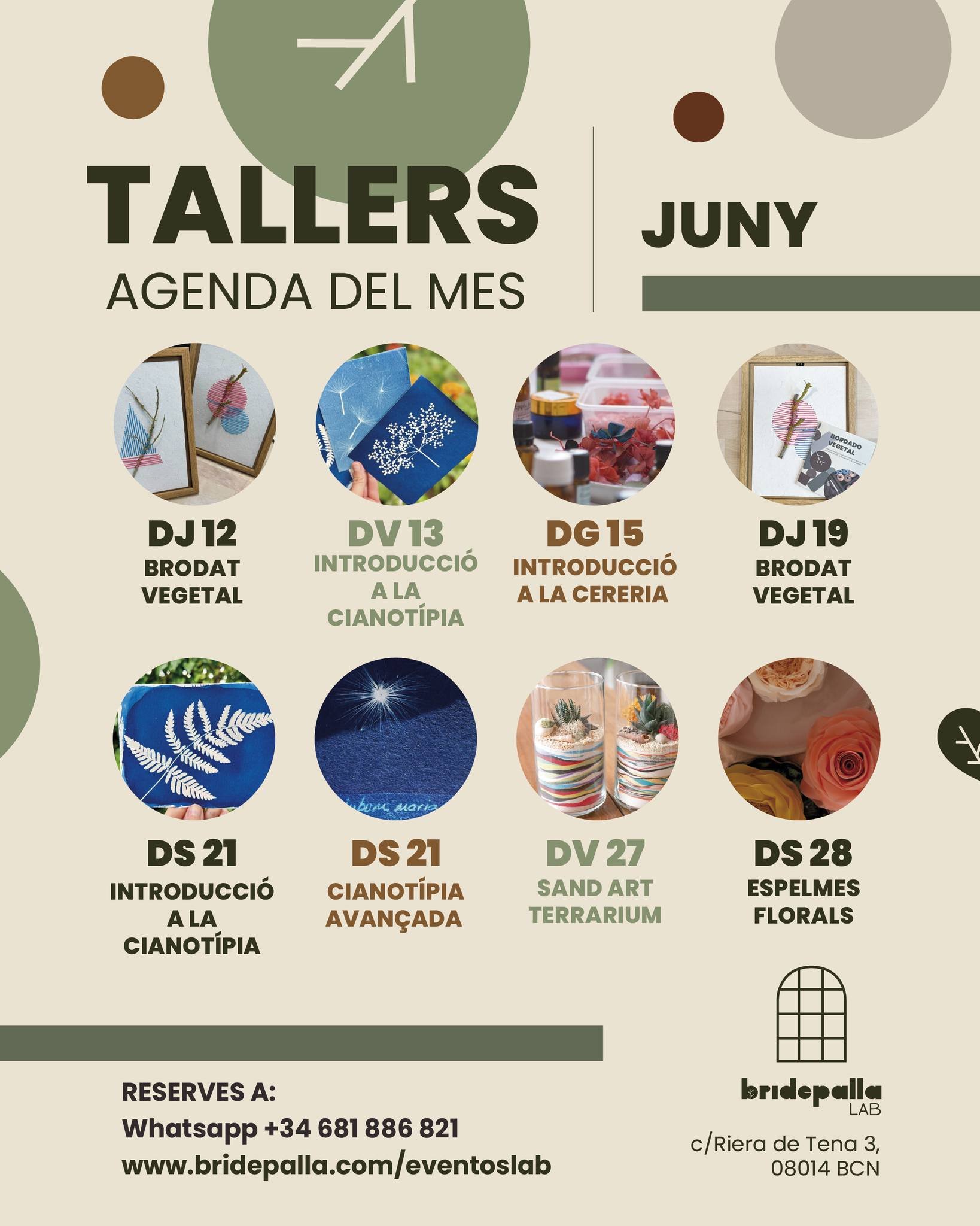 Empieza junio y con ello mogollón de talleres. Guapísimos el de bordado vegetal y los terrarios con cactus, no te lo puedes perder. Tampoco los de cianotipia con @verdopolis o los de velas con @alea_candles, de los que ya quedan pocas p
