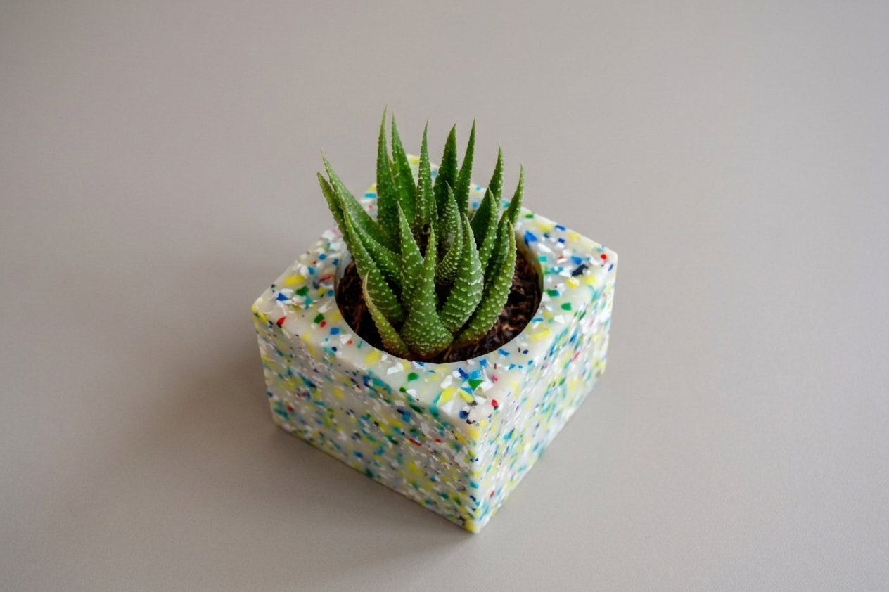 Una caja decorada con formas abstractas en tonos azules y beige, ubicada en un fondo neutro.