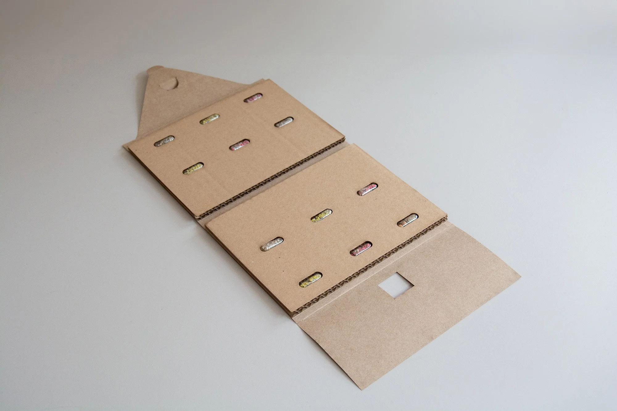 Caja rectangular hecha de papel de algas con espacio para personalizar el logo y diseños azul y gris sobre fondo blanco en una mesa neutra. Tres píldoras con semillas en el interior encajadas en un blíster de cartón kraft.