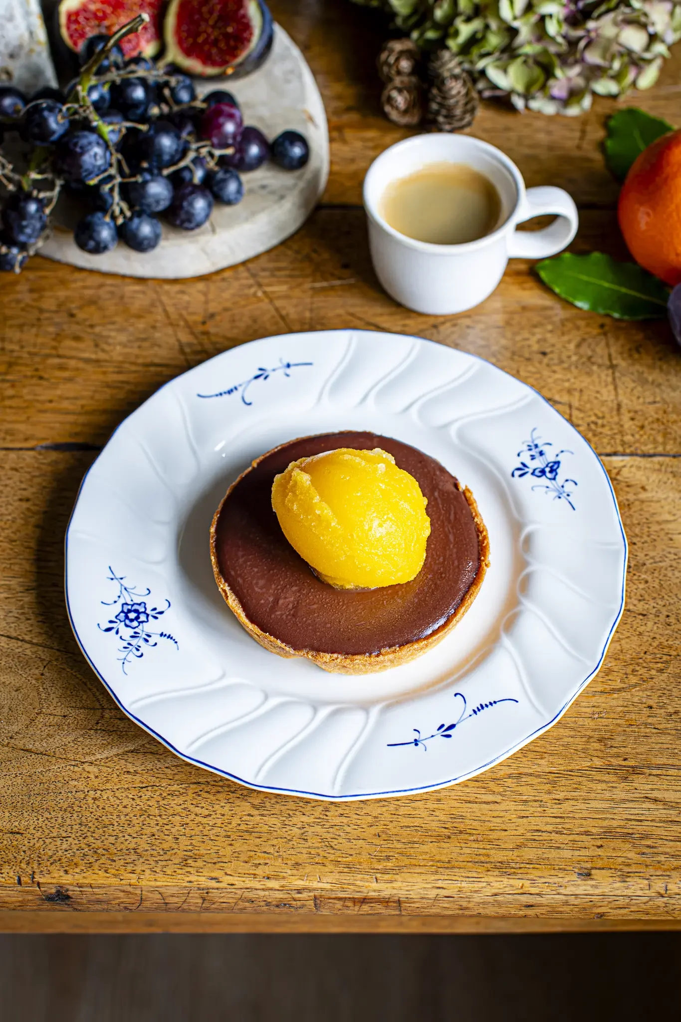chocolate tart with orange sorbet.webp
