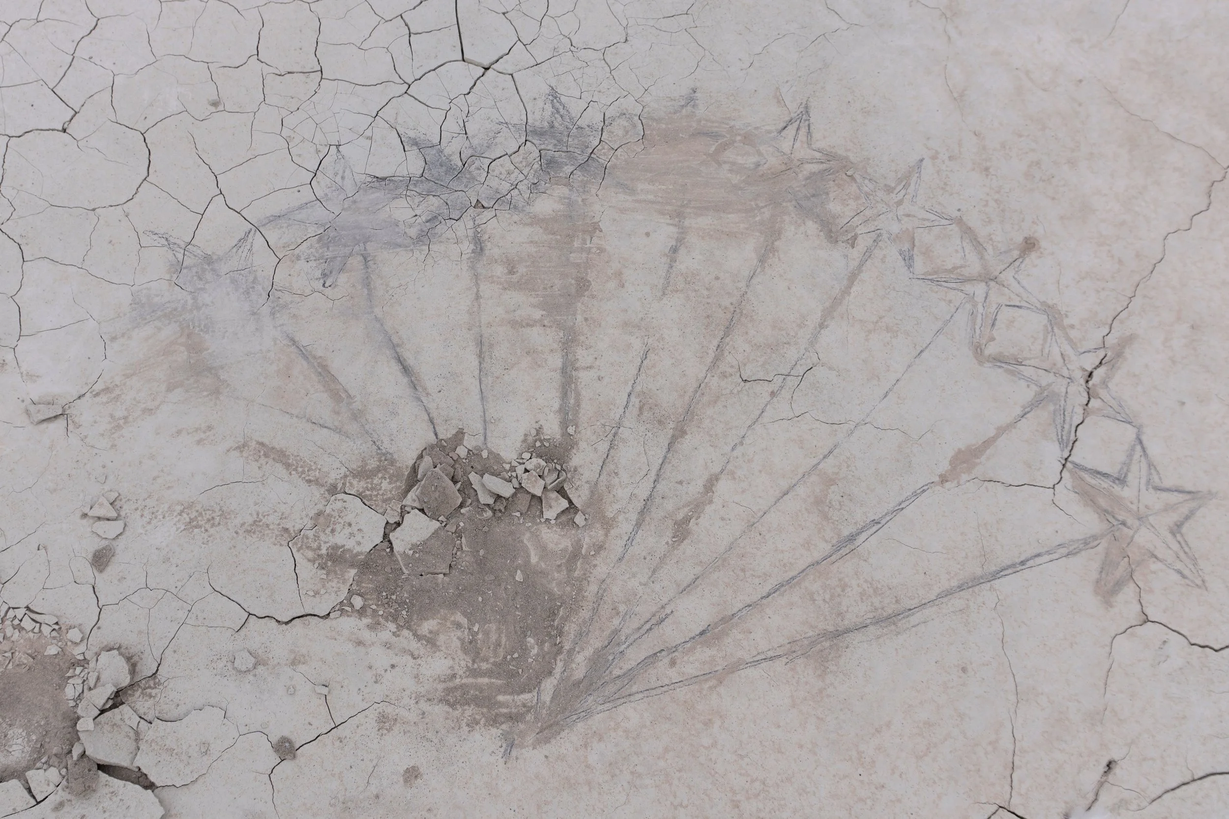 In the Bag of Stars (IX). 
Graphite on dried lime stone mud.