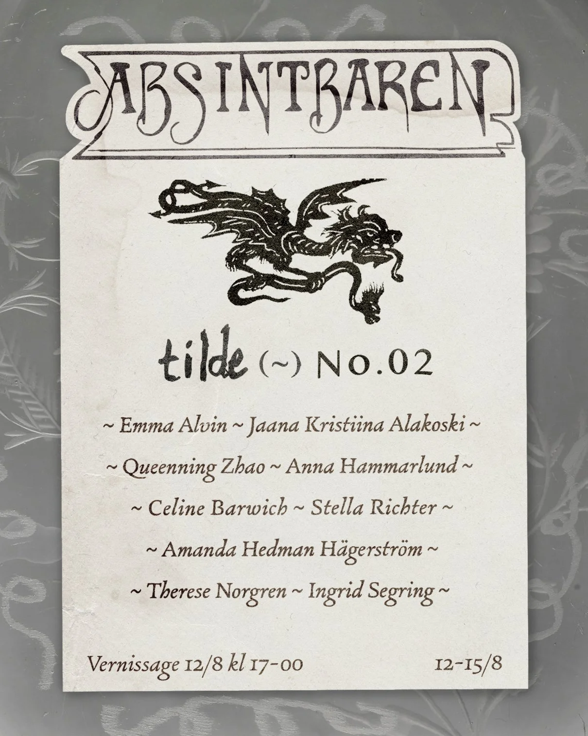 tilde (~) No.02 shows sketches, process pieces and works that relate to the state of almost arriving. It is the second installation of the artist-driven exhibition series tilde (~) and will be held at Absintbaren in Stockholm.