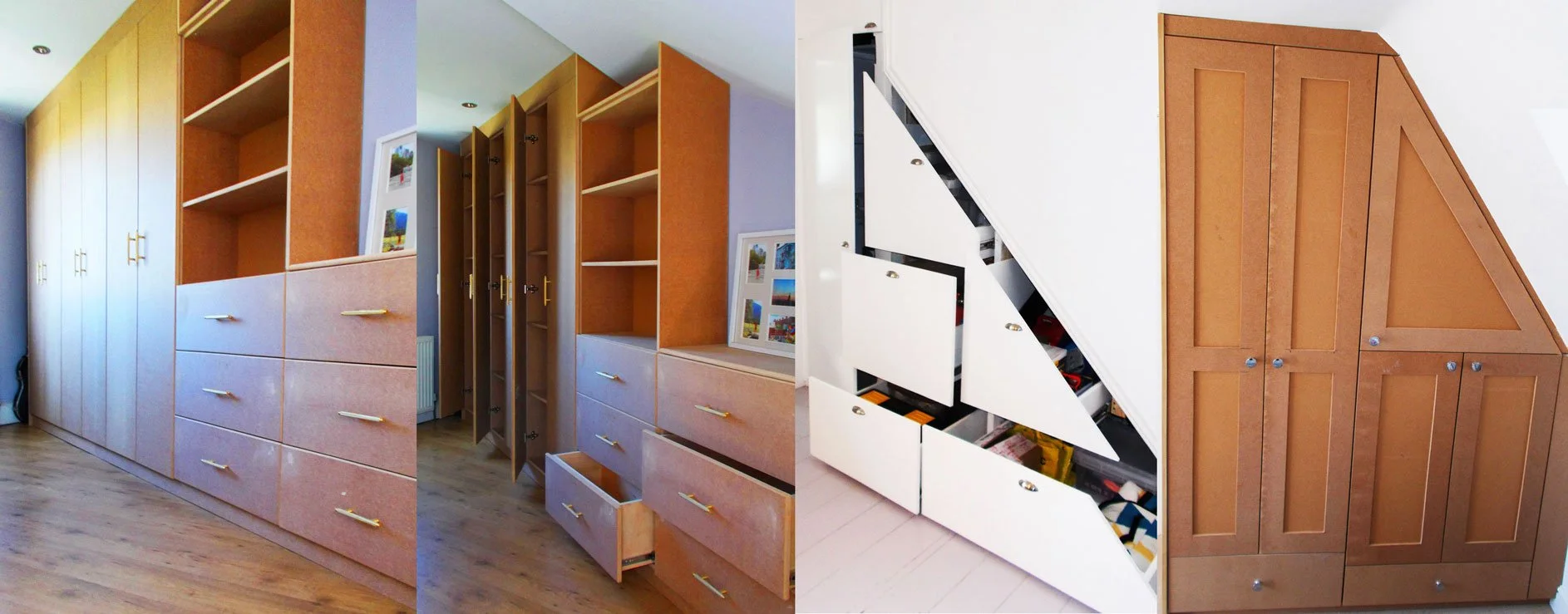 Comparison of the same built-in wooden wardrobe in different stages of assembly and interior configuration, showing open and closed doors and storage compartments.