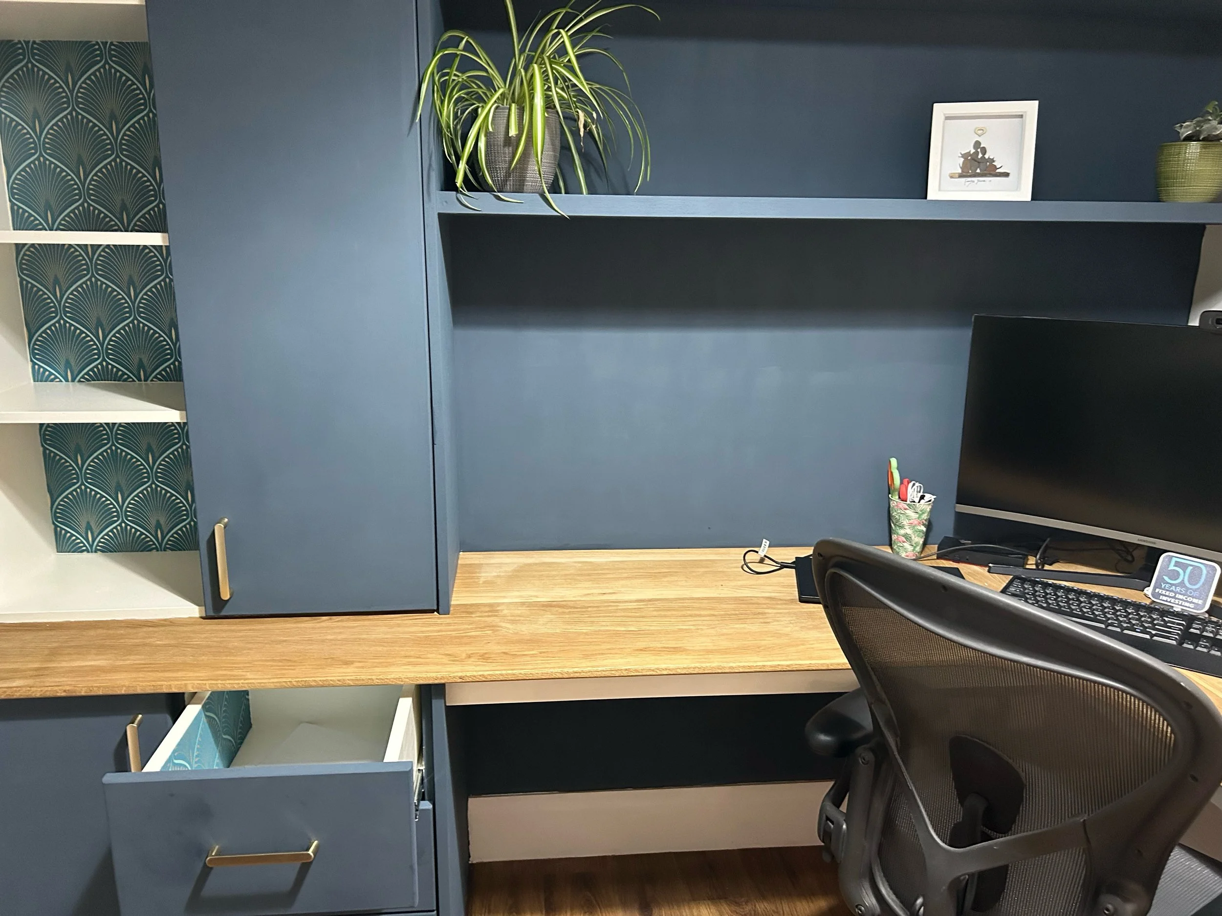 Home office desk with a blue cabinet, wooden surface, a computer monitor, keyboard, and a mesh office chair. Decor includes potted plants, framed art, and decorative items.