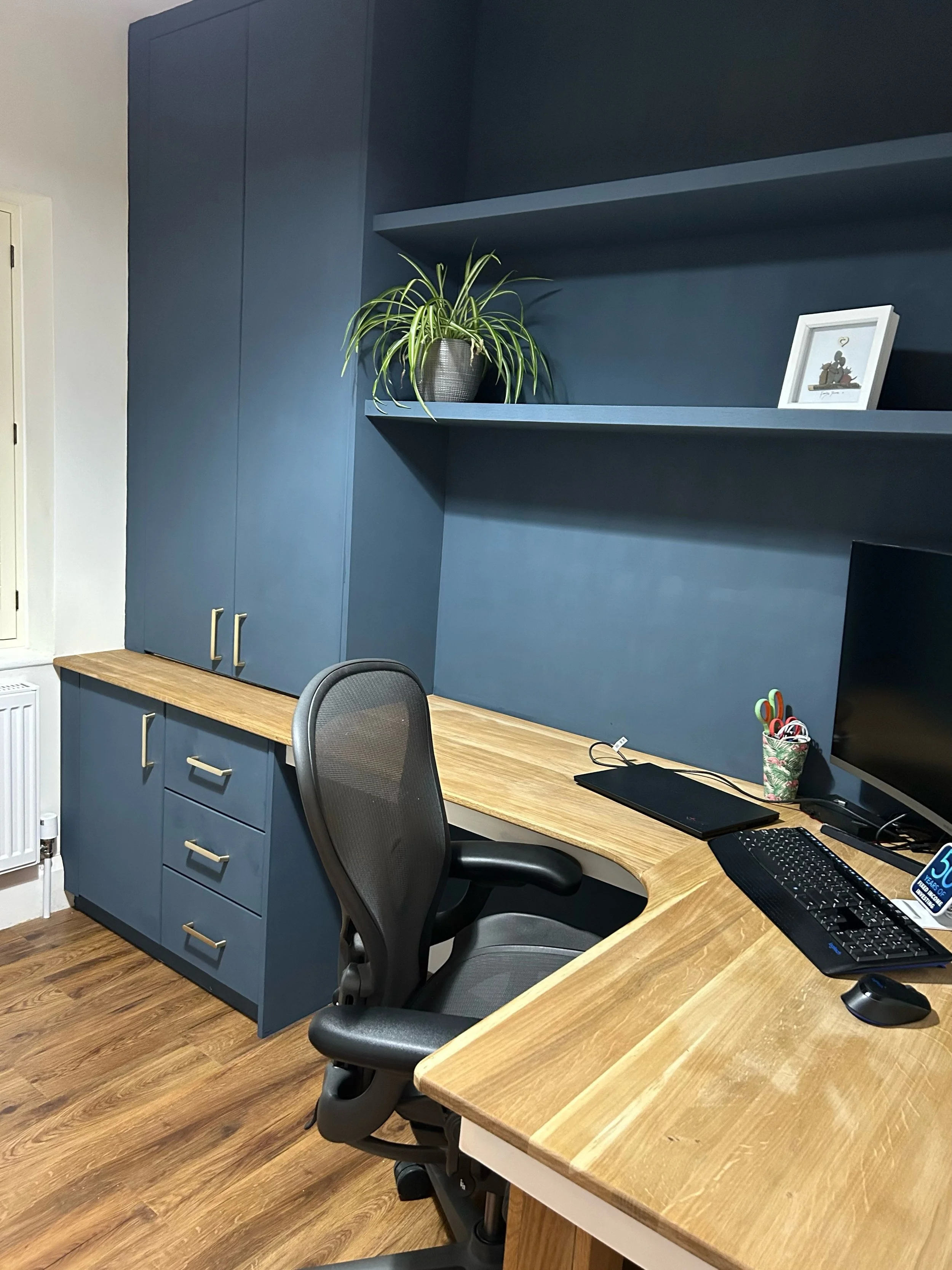 Home office with a wooden desk, black ergonomic chair, computer monitor, keyboard, and mouse. Blue wall with built-in cabinet, a potted plant, a framed picture, and a small container with scissors.