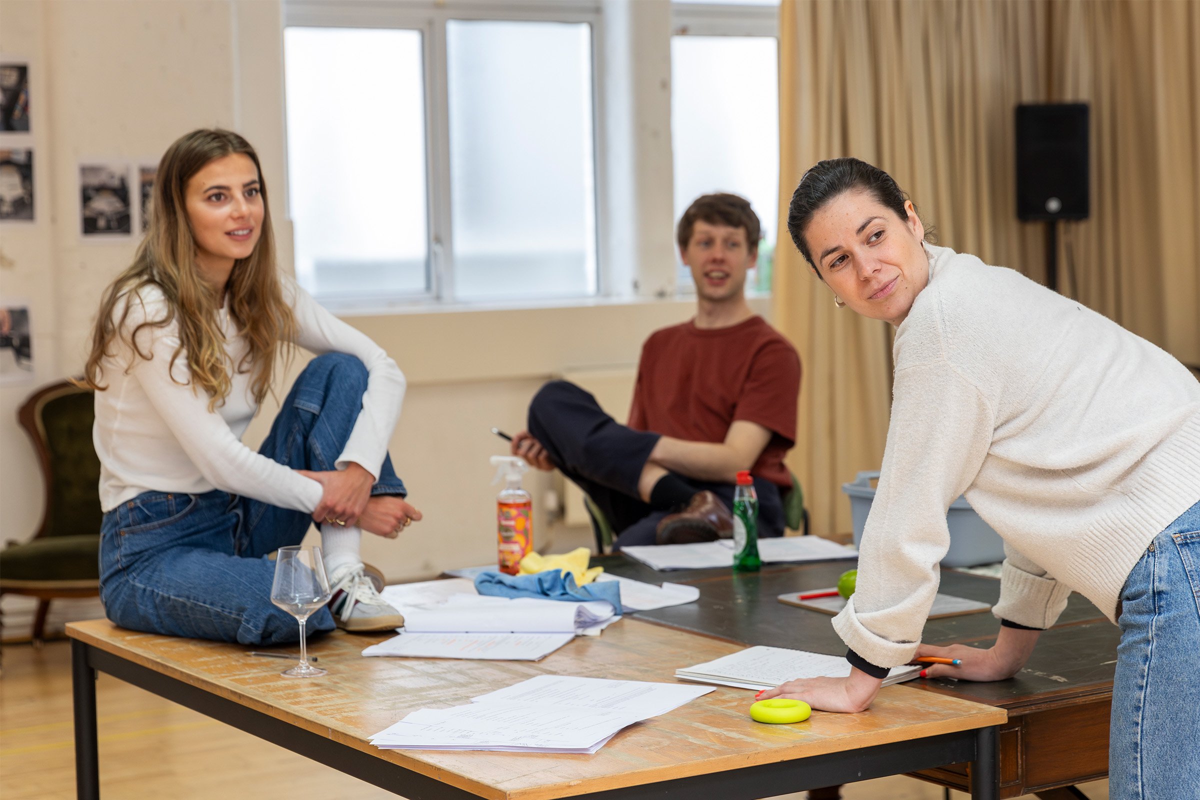Nadia Parkes, Josh Finan and Holly Race Roughan in rehearsal for The House Party Photo Ellie Kurttz.jpg