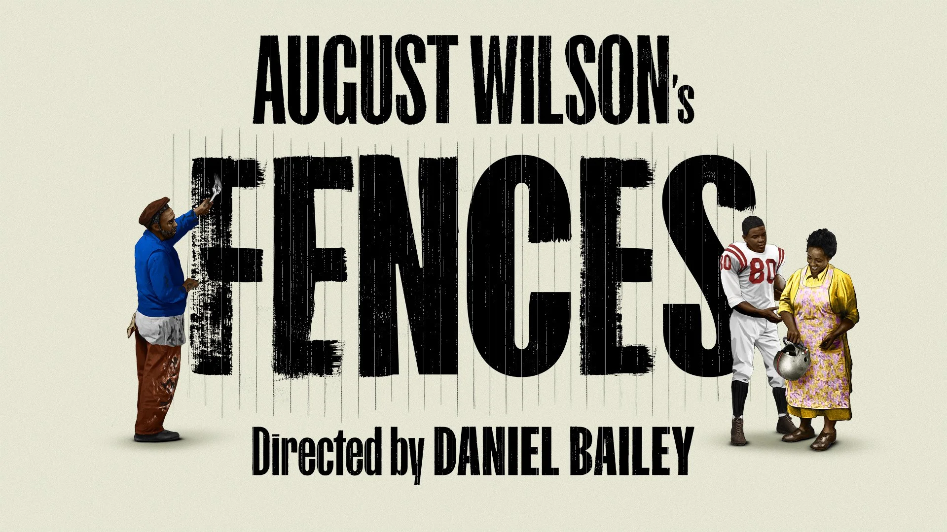 Graphic for Fences with three characters pictures, a father, mother and son in football uniform.