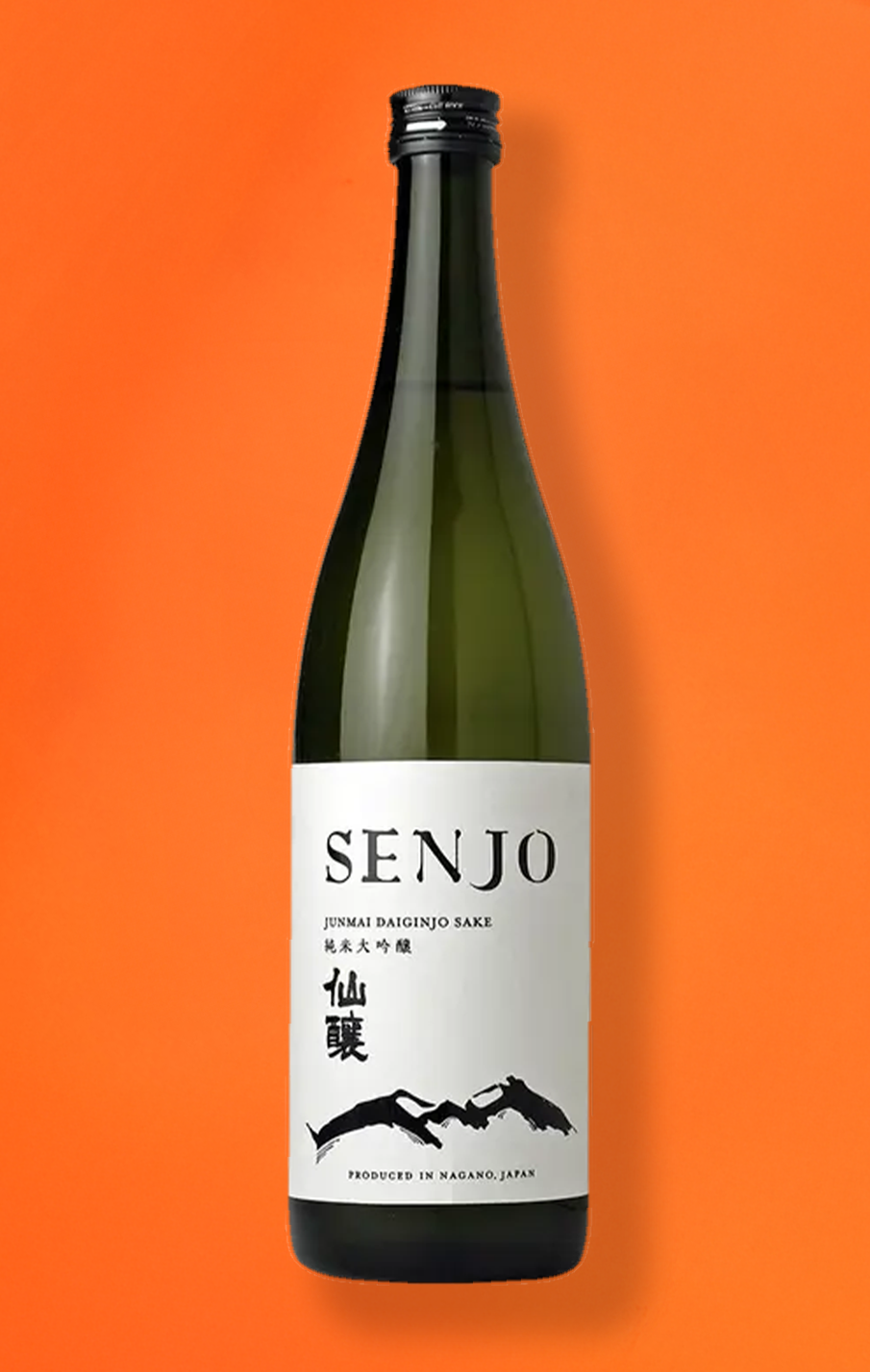 A bottle of Senjo Junmai Daiginjo sake with a white label featuring black Japanese characters and mountain illustrations, set against an orange background.