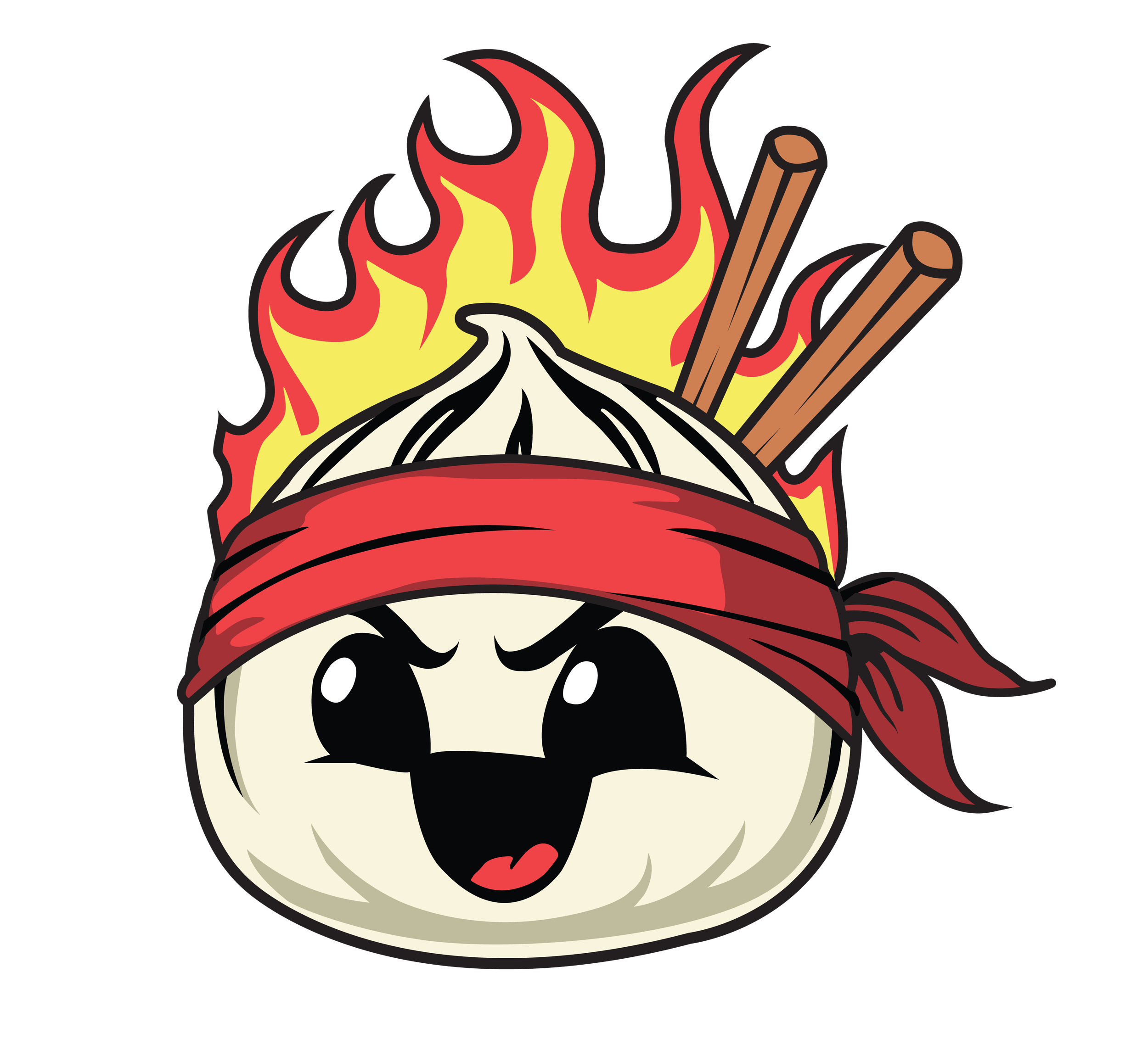 Cartoon dumpling with a fierce expression, red headband, flames, and two chopsticks beside its head.