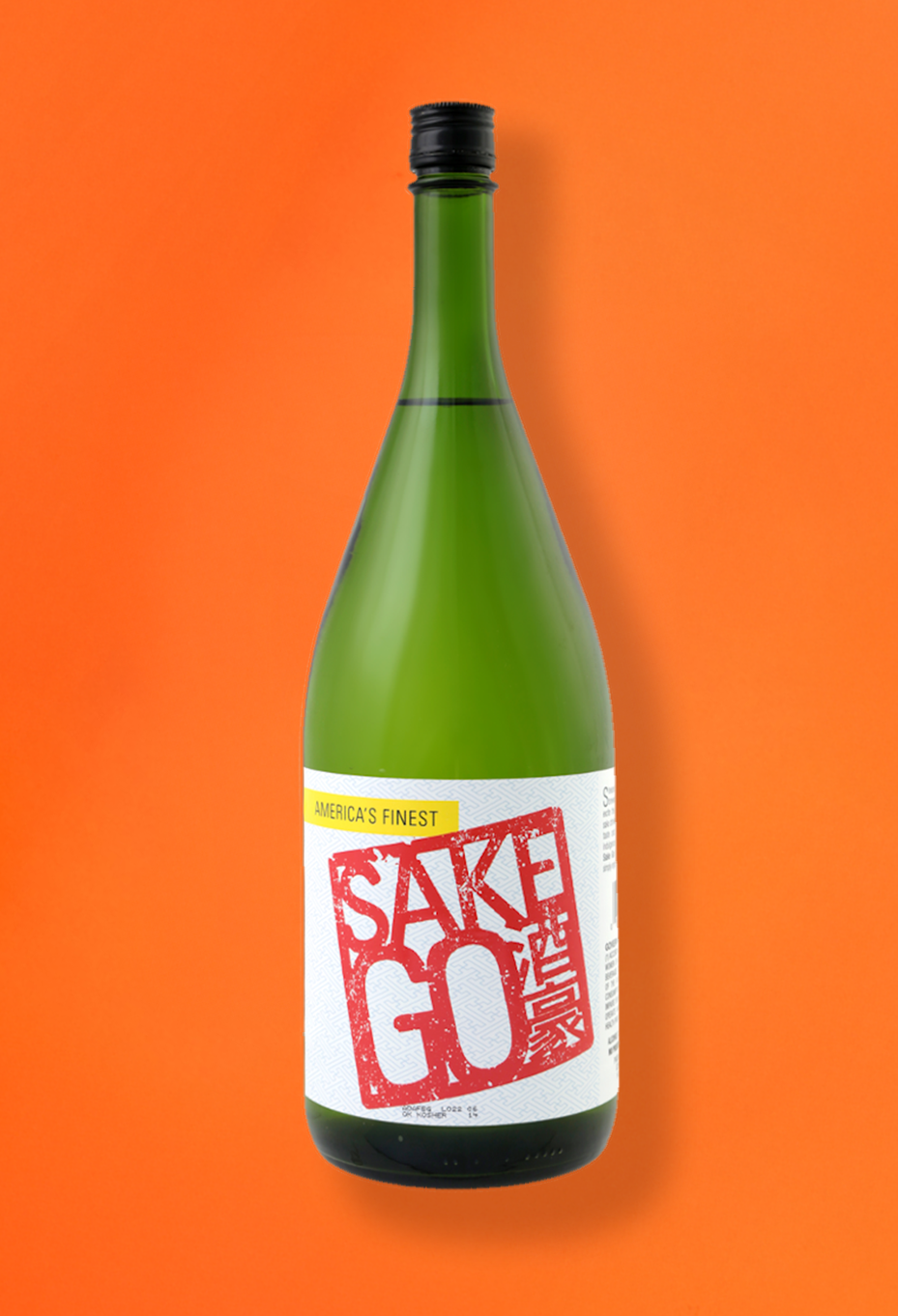 A green glass sake bottle with a white label that reads 'America's Finest Sake to Go' in red and yellow text, set against an orange background.