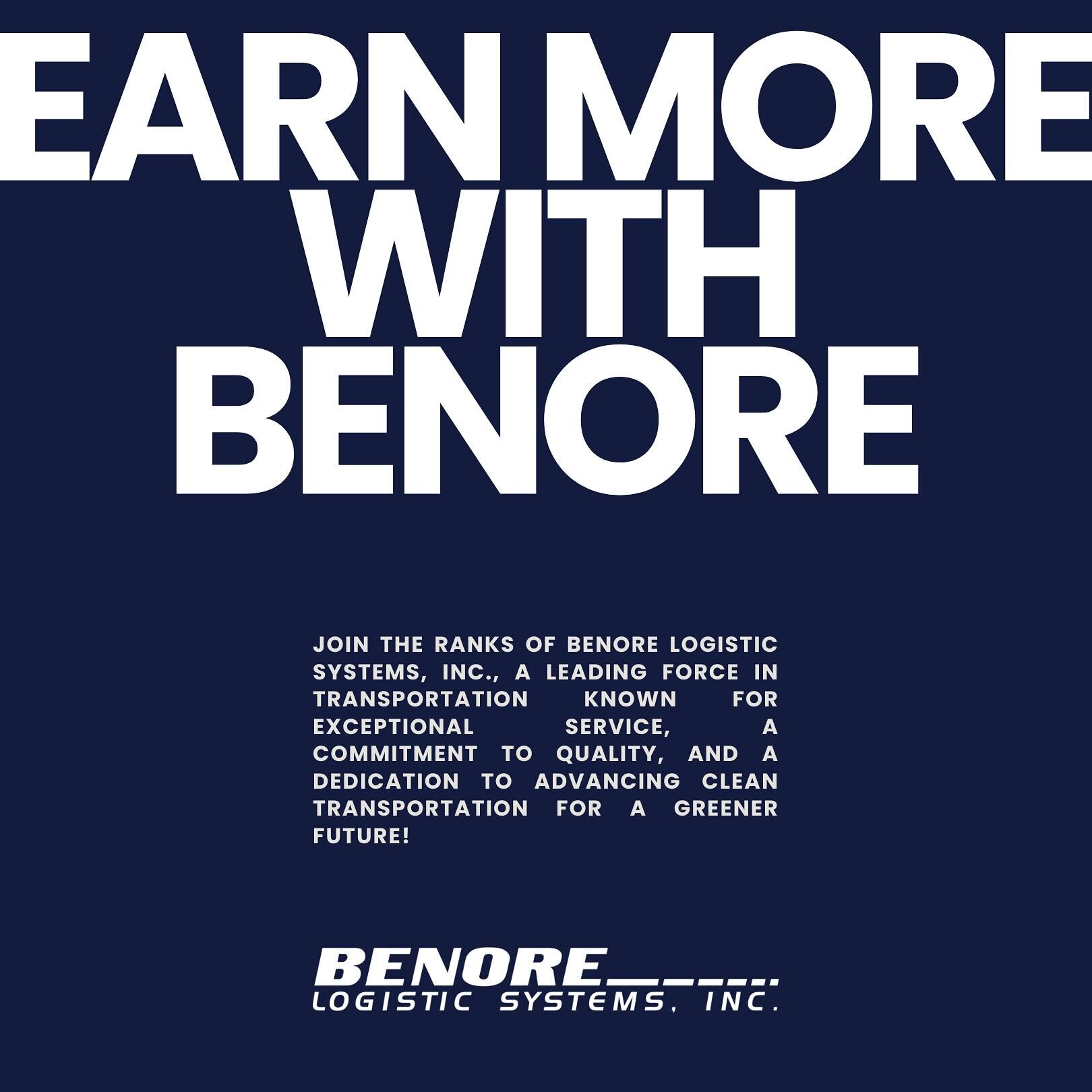 Join the ranks of Benore Logistic Systems, Inc., a leading force in logistics known for exceptional service, a commitment to quality, and a dedication to advancing clean transportation for a greener future!

At Benore, you&rsquo;ll earn: Competitive 