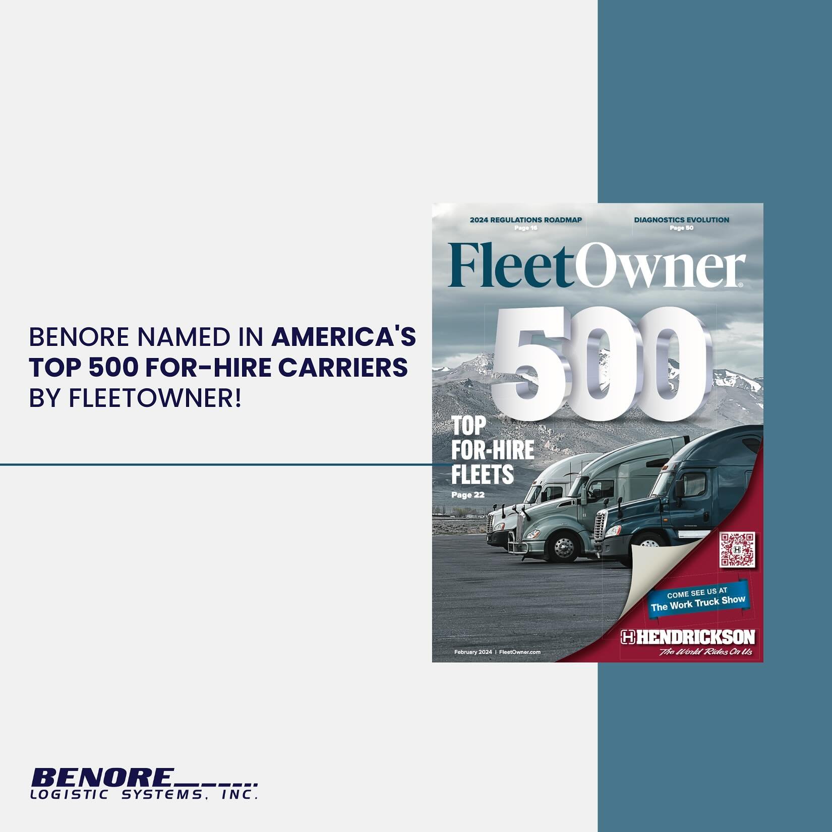 Grateful and proud to be recognized among America&rsquo;s Top 500 For-Hire Carriers by FleetOwner! It&rsquo;s a testament to the hard work and dedication of every member of the Benore team. Here&rsquo;s to continued excellence in serving our customer