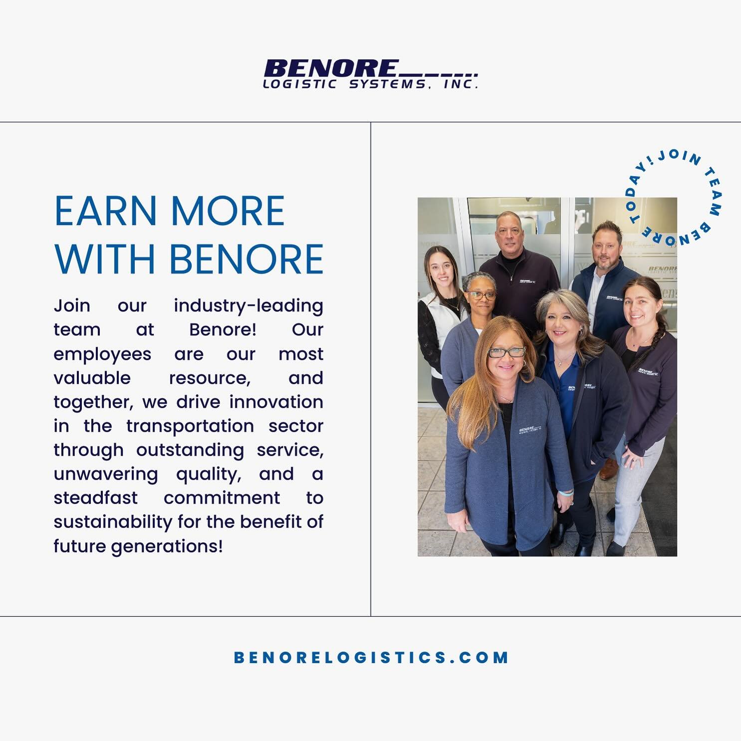 Join our industry-leading team at Benore! Our employees are our most valuable resource, and together, we drive innovation in the transportation sector through outstanding service, unwavering quality, and a steadfast commitment to sustainability for t