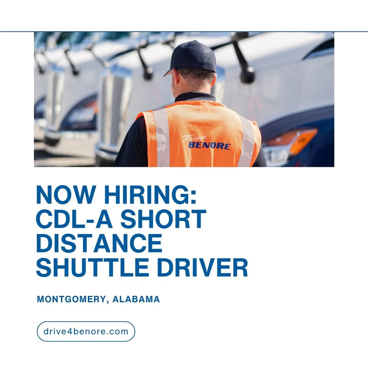 Now Hiring: CDL-A Short Distance Shuttle Drivers 📍 Location: Montgomery, AL

Benore Logistics is hiring experienced CDL-A drivers for full-time local shuttle positions. Enjoy steady hours, competitive pay, and the consistency of being home daily.

W