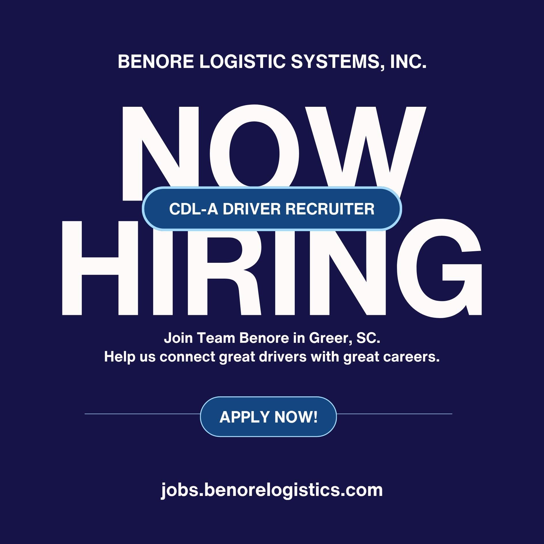 We&rsquo;re hiring a CDL-A Driver Recruiter in Greer, SC.

Join a fast-moving, people-first team focused on connecting great drivers with great careers.

Competitive pay. Strong benefits. Bonus incentives. Opportunity to grow.

Apply: jobs.benorelogi