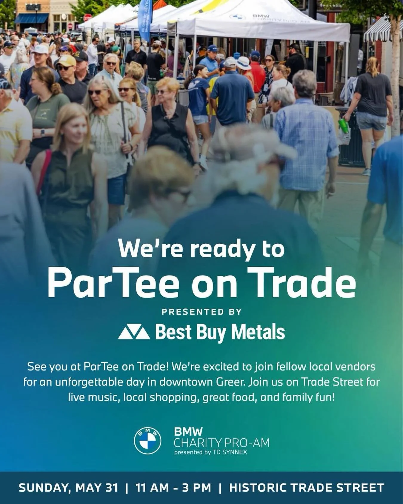 ParTee on Trade ⛳️

We&rsquo;ll be out in downtown Greer this Sunday for one of the best community events of the summer. Live music, local vendors, great food, shopping, and family fun &ndash; all on Historic Trade Street during BMW Charity Pro-Am we
