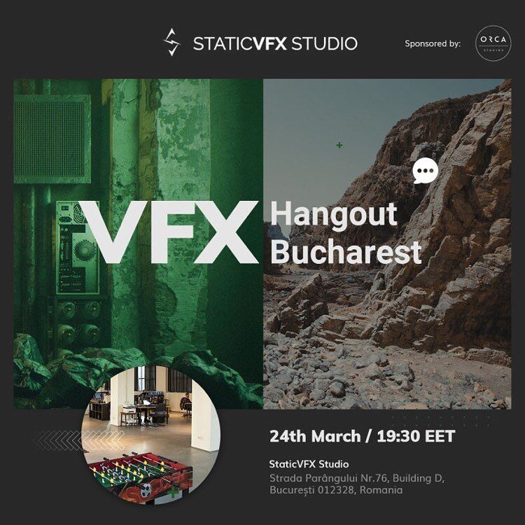 Orca Studios is glad to sponsor the first VFX Hangout in Bucharest!

When: 24th March 2022, starting 19.30 EET. 
Where: StaticVFX Studio location. 

Save the date, spread the word and meet you there! ✌️