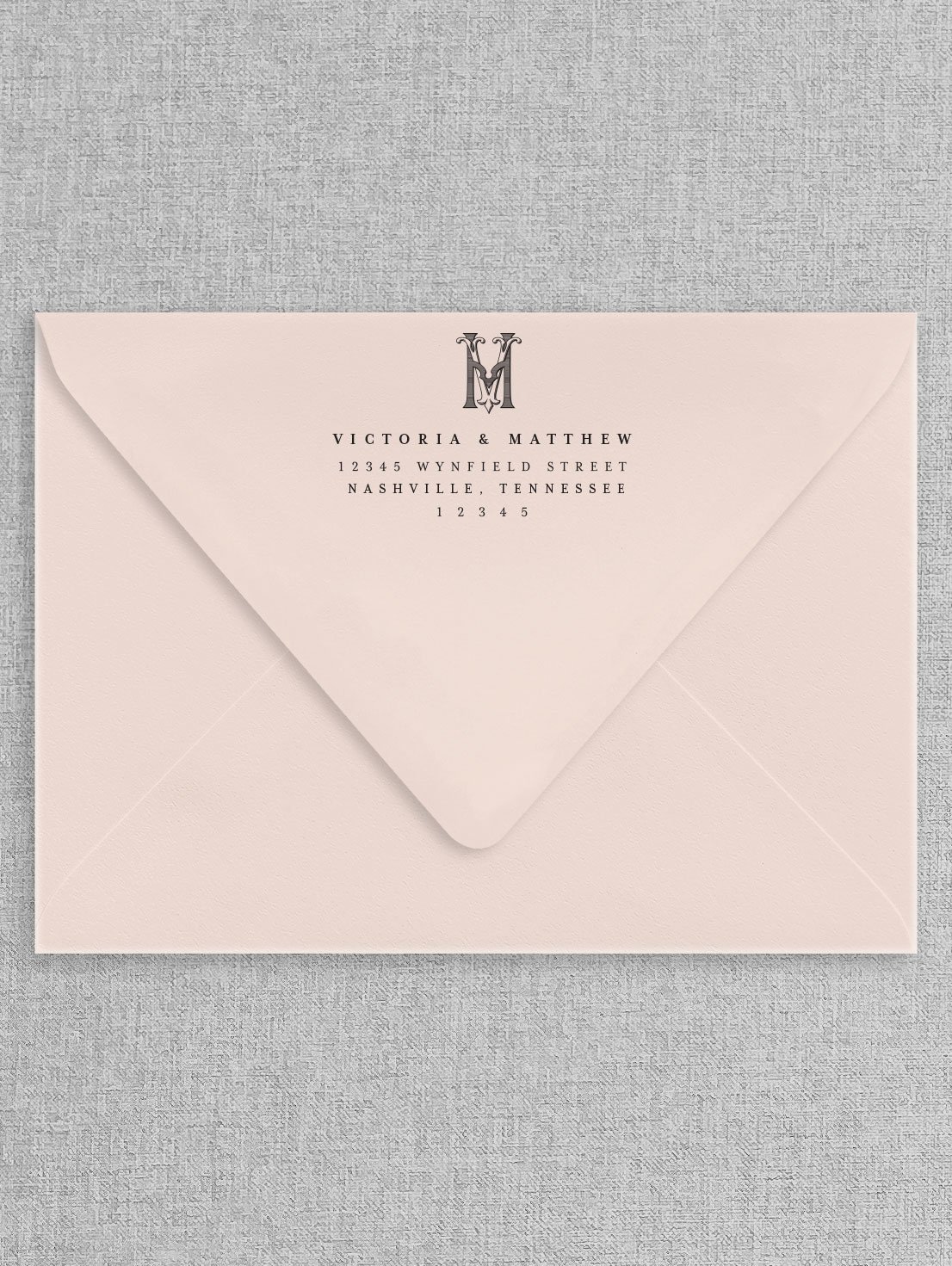Back of Pink Outer Envelope Featuring Monogram and Printed Return Address – Personalized Wedding Invitation Envelope