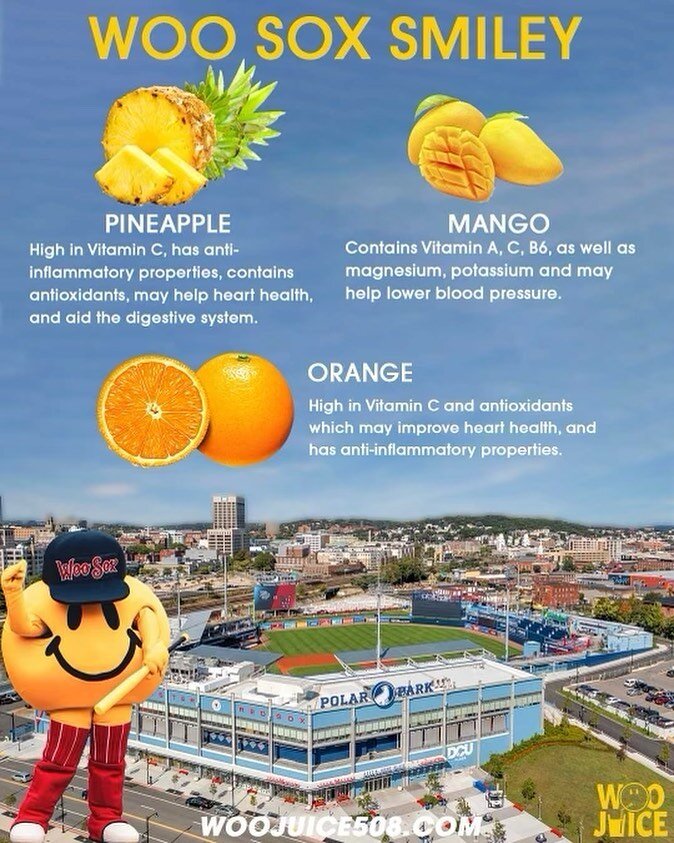 Meet the Woo Sox Smiley, a smoothie that might just make you smile with every sip! This refreshing drink is named after the&nbsp;Worcester Red Sox Mascot - Smiley Ball and is made with oranges, mangos, and pineapples, making it rich in vitamin C, ant