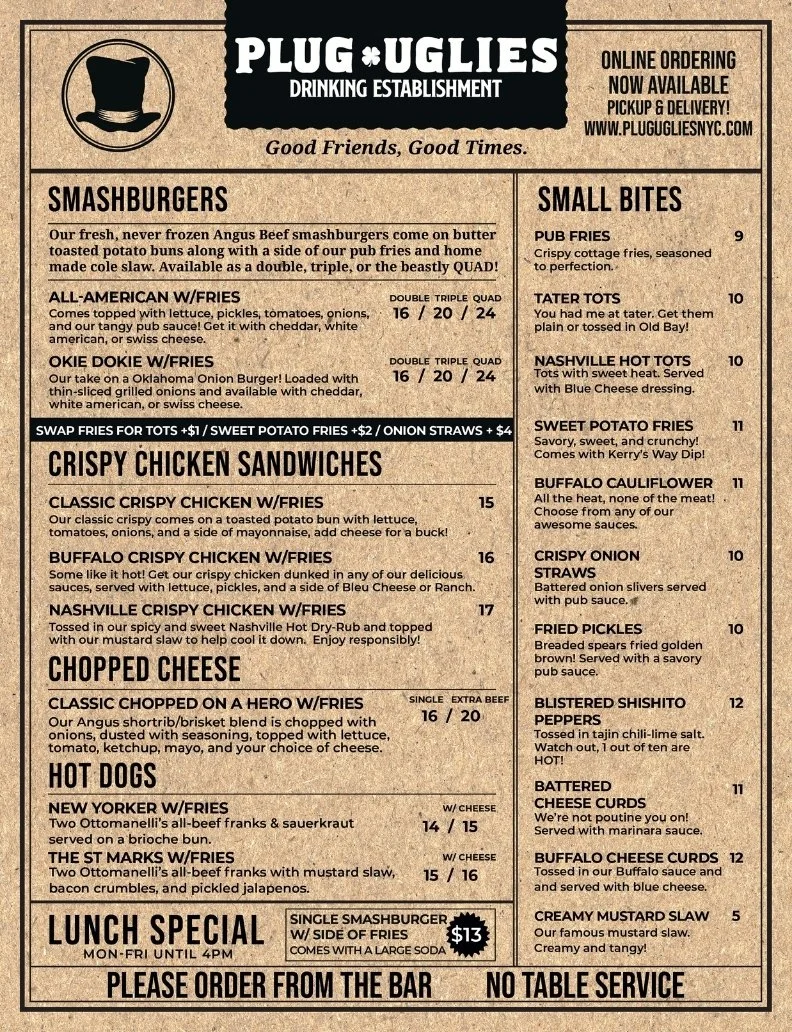 The menu lists various food items including smashburgers, small bites like pub fries, tater tots, Nashville hot tots, sweet potato fries, buffalo cauliflower, crispy onion straws, fried pickles, blistered shishito peppers, battered cheese curds, buff