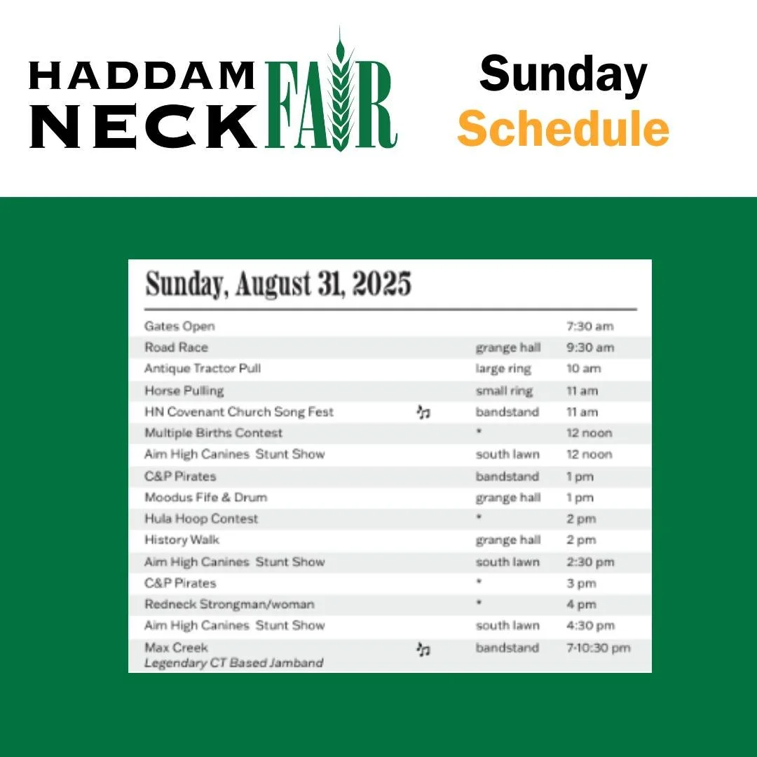 🎡 Sunday, August 31, 2025

Caption:
Sunday is full of tradition, music, and contests you won&rsquo;t want to miss! 🎶
🏃 Road Race &ndash; 9:30 AM
🚜 Antique Tractor Pull &ndash; 10 AM
🐴 Horse Pulling &ndash; 11 AM
🎶 HN Covenant Church Song Fest &