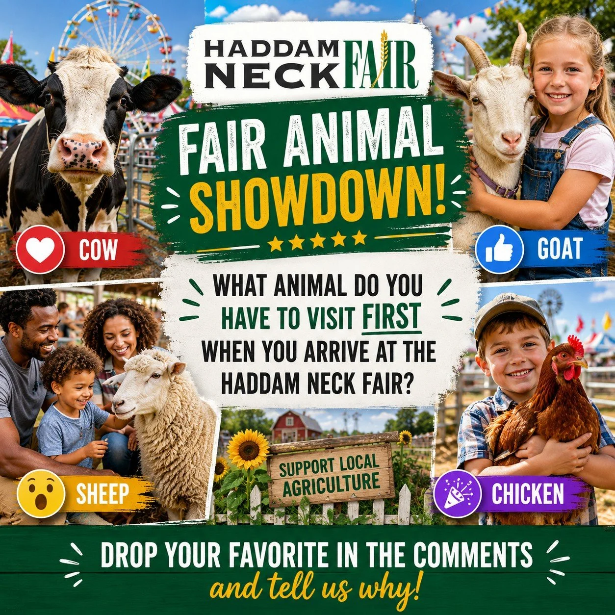 🐄🐐🐑 FAIR ANIMAL SHOWDOWN! 🐓 
What animal do you HAVE to visit first when you arrive at the Haddam Neck Fair? 
❤️ Cow 
👍 Goat 
😮 Sheep 
🎉 Chicken 
Drop your favorite in the comments and tell us why! 
#HaddamNeckFair #FairAnimals #Agriculture #F