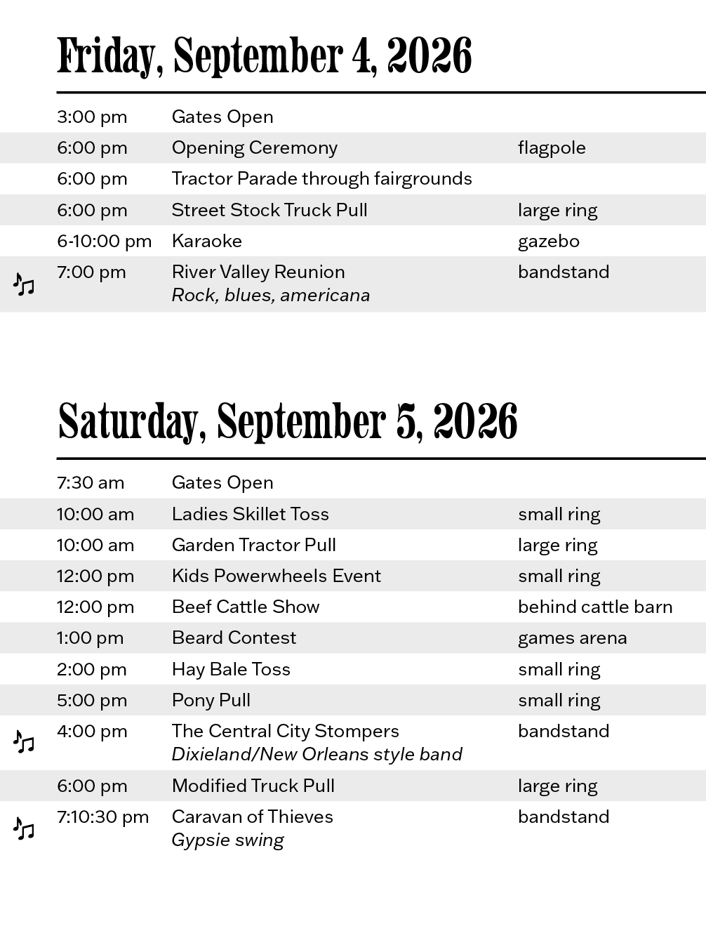 Schedule of events for a festival with activities on Friday, September 4, 2026, and Saturday, September 5, 2026, including openings, parades, trucks, karaoke, reunions, and band performances.