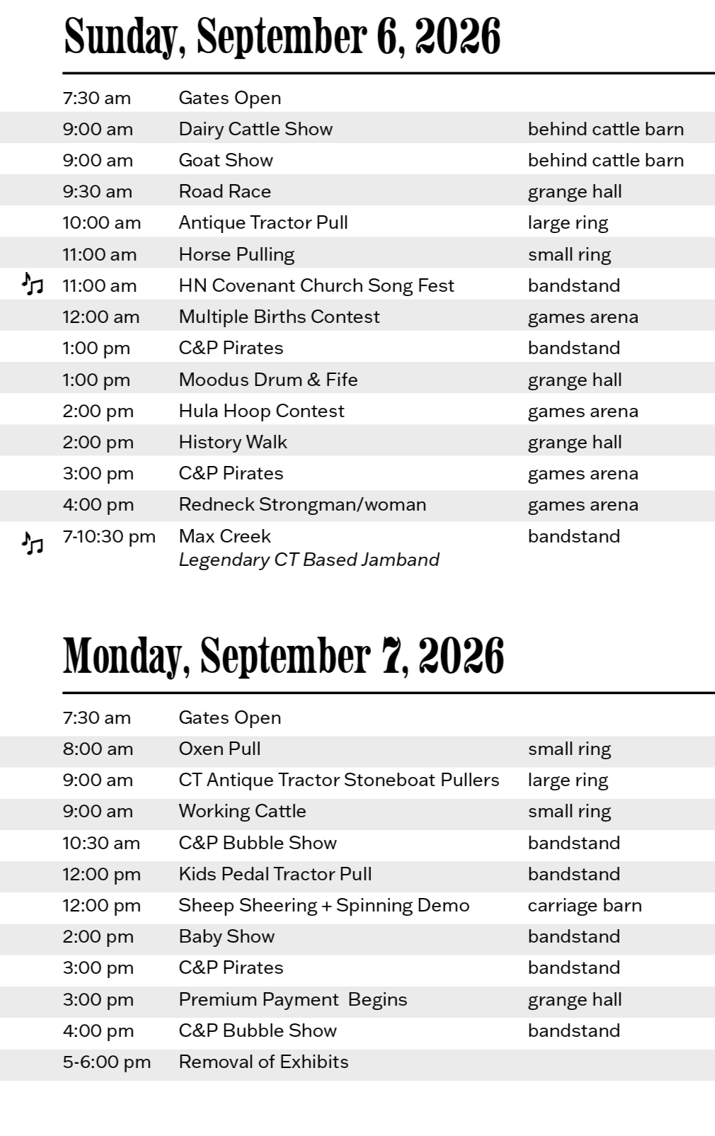 Event schedule for September 6 and 7, 2026, listing various shows and activities at a fair or festival, including livestock shows, contests, musical performances, and other entertainments, with locations such as the cattle barn, grange hall, games arena, bandstand, and carriage barn.