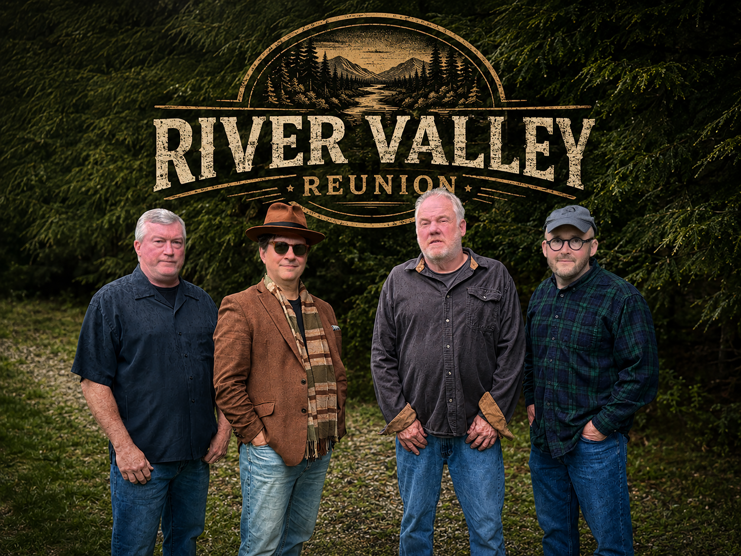 Four men standing outdoors in front of a wooded area with a sign that reads "River Valley Reunion" with mountain and river illustration.