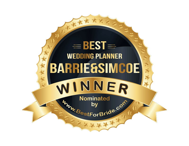 Gold and black award badge with the text 'Best Wedding Planner BarriegsImcoe Winner, Nominated by www.BestForBride.com'.